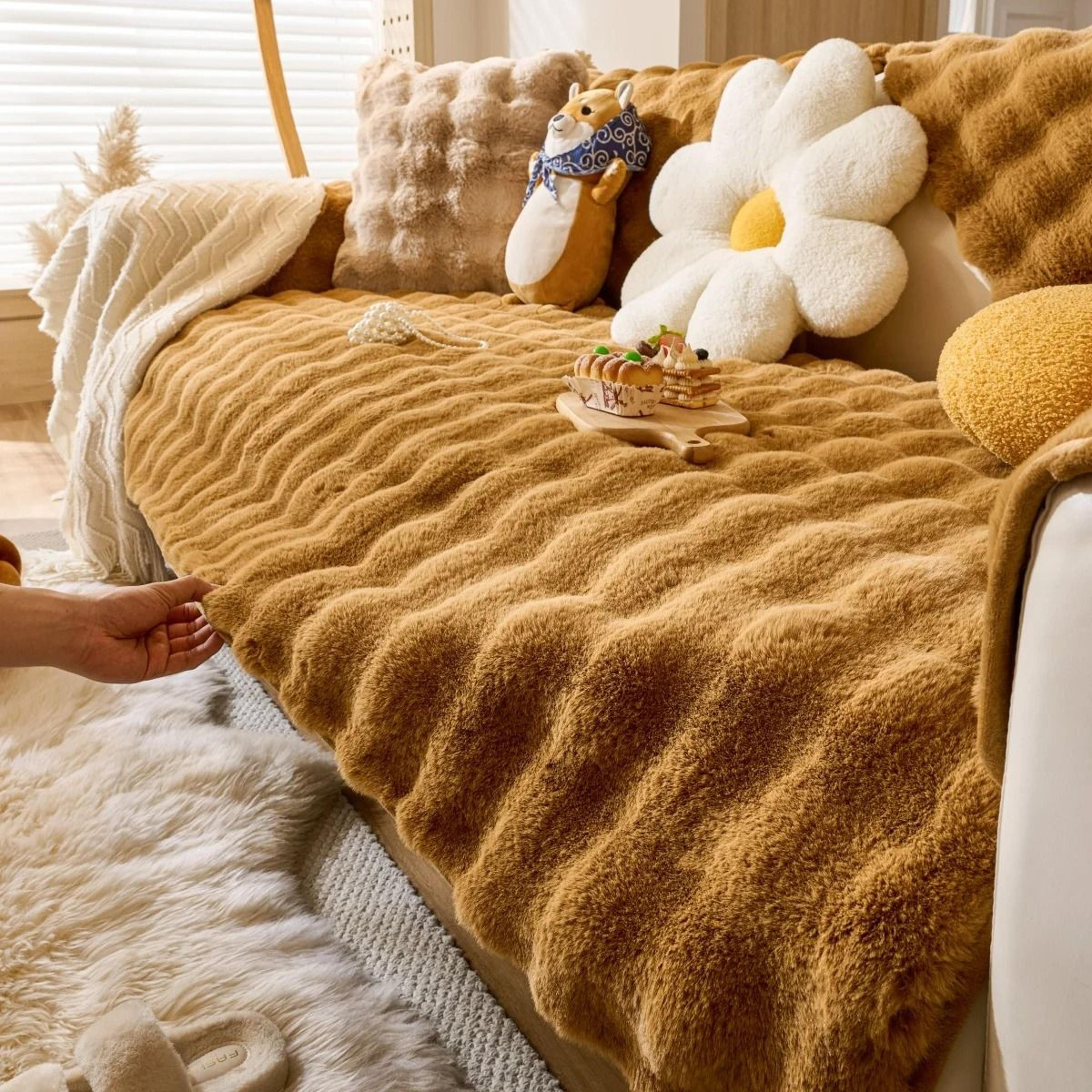 Thick Faux Rabbit Fur Sofa Slipcover Non Slip Plush Couch Cushion Cover 7