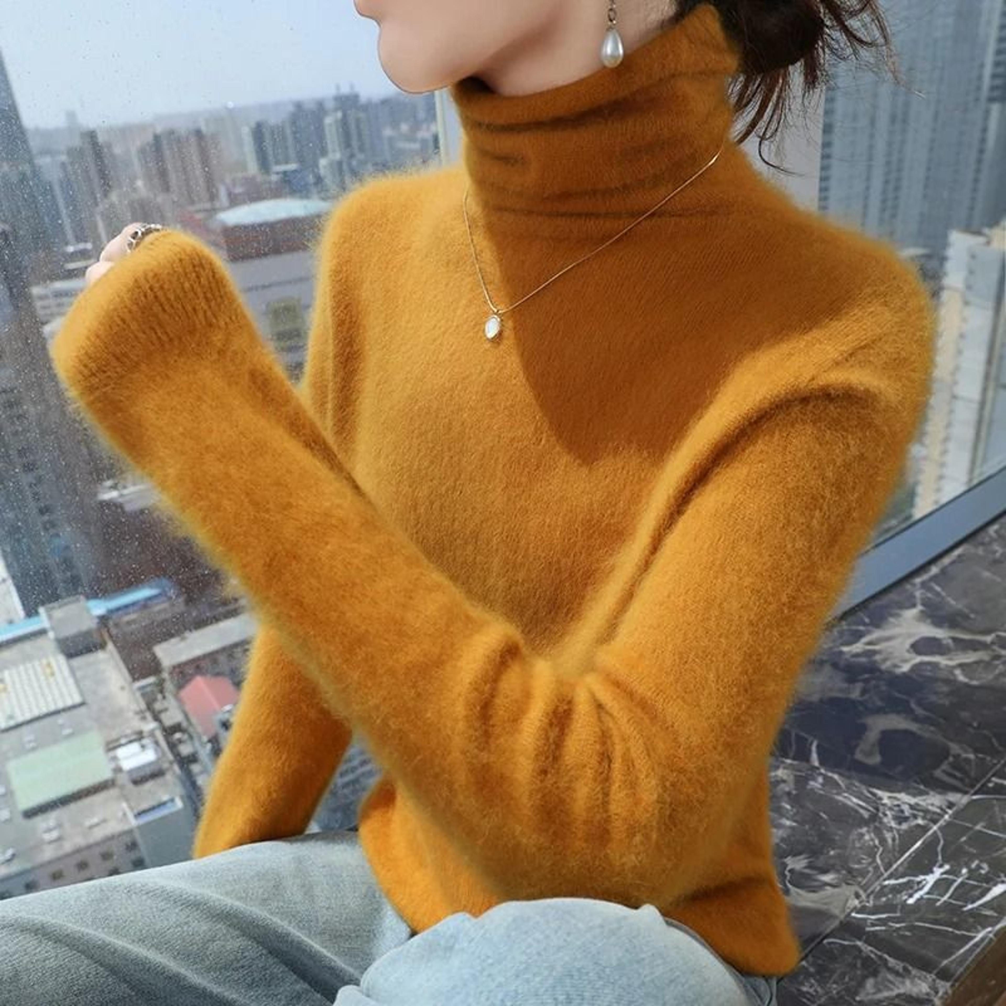 Womens Pure Mink Cashmere Sweater Slim Fit Pullover With Pile Collar Knitted Winter Top 5