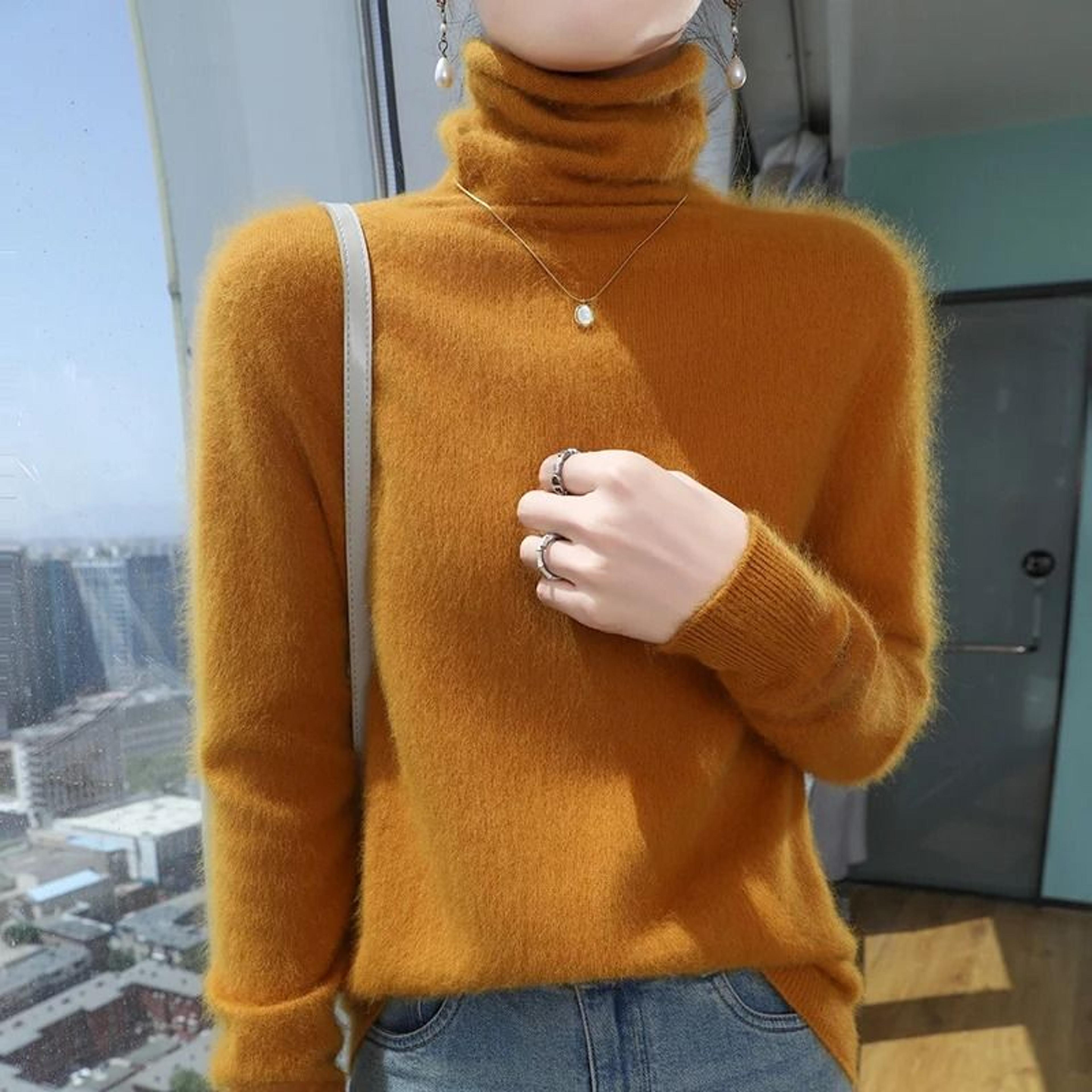 Womens Pure Mink Cashmere Sweater Slim Fit Pullover With Pile Collar Knitted Winter Top 19