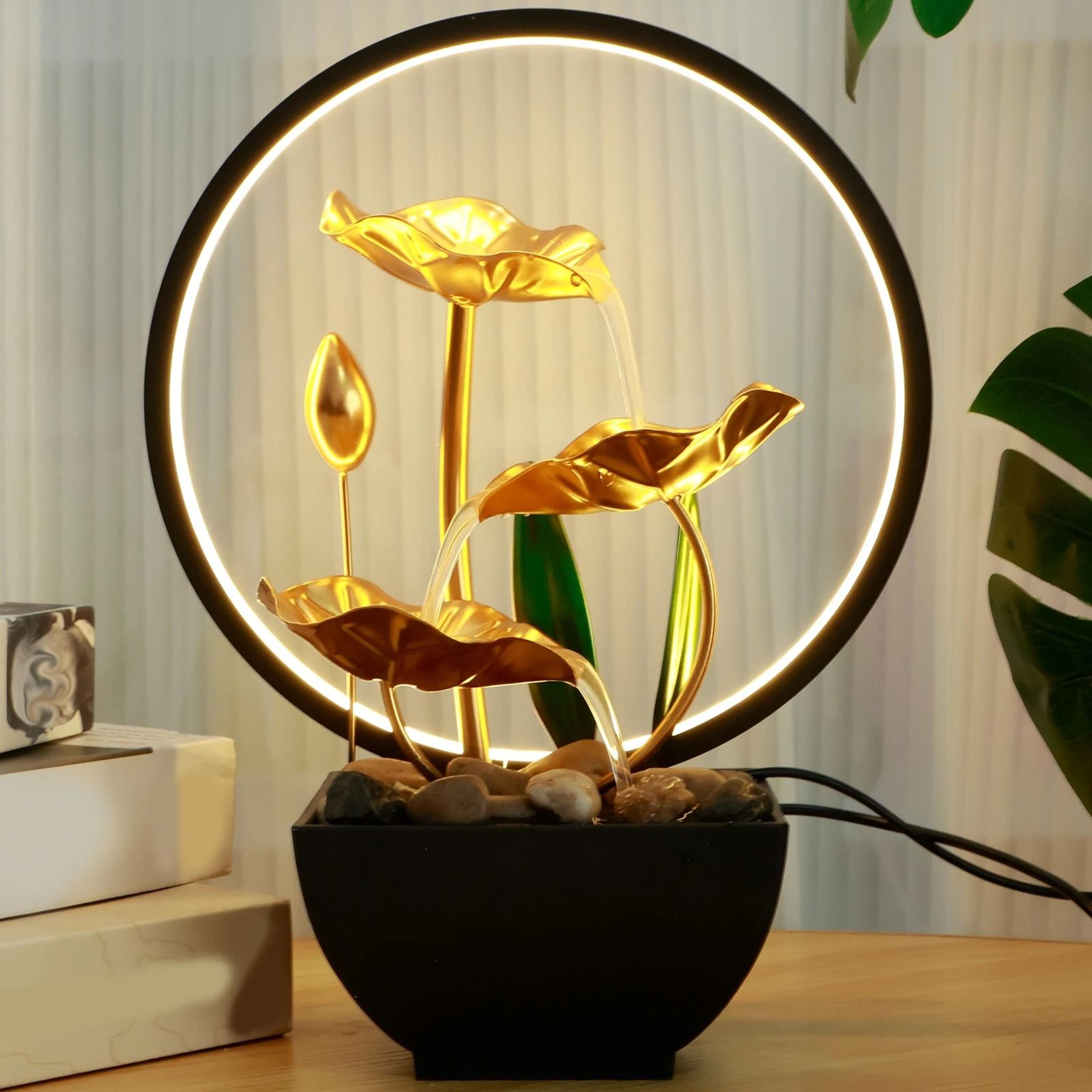 Tabletop Water Fountain With LED Ring Lights And Natural Rocks For Home Decor 0