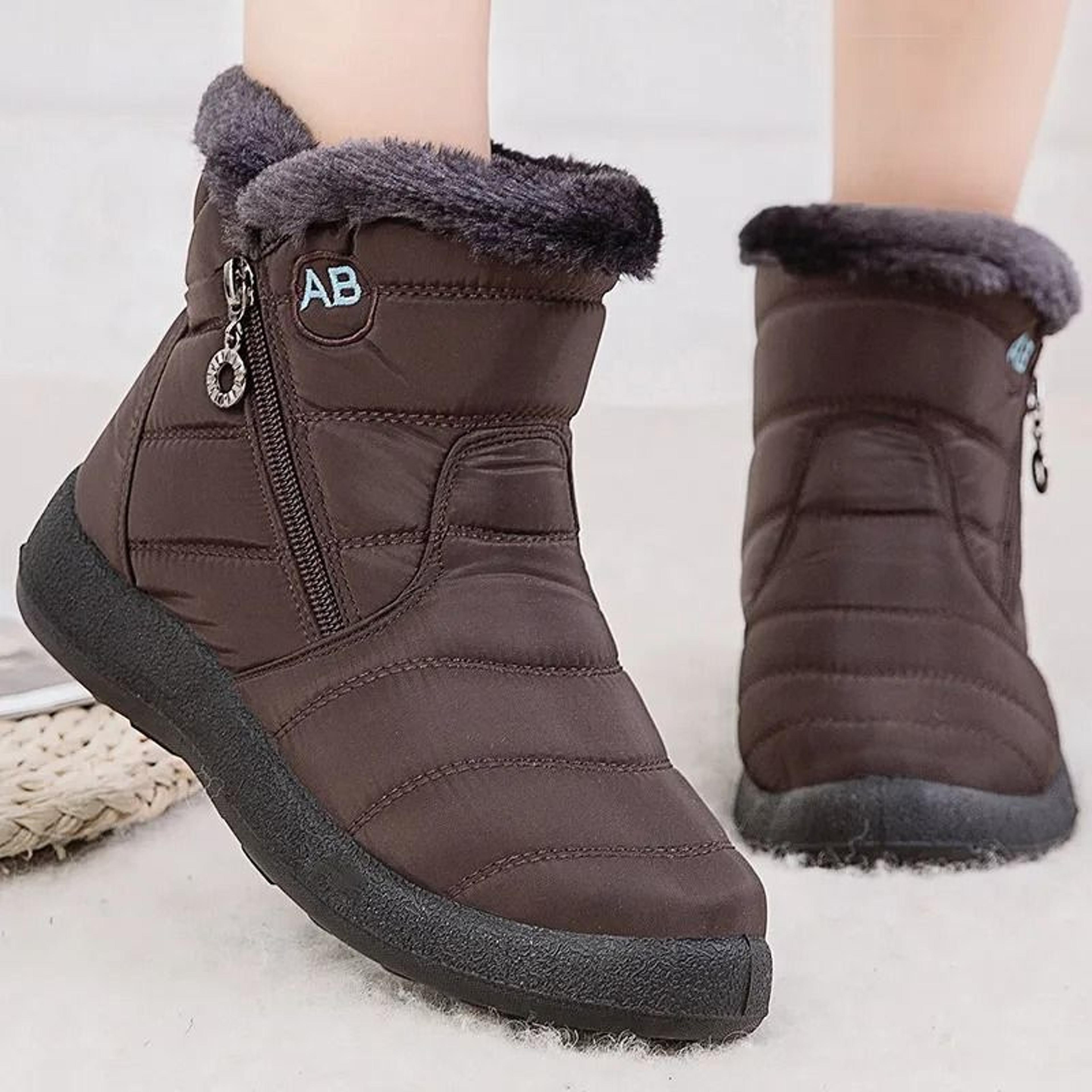 Womens Winter Ankle Boots With Fur Lining Low Heel Waterproof Snow Shoes 2