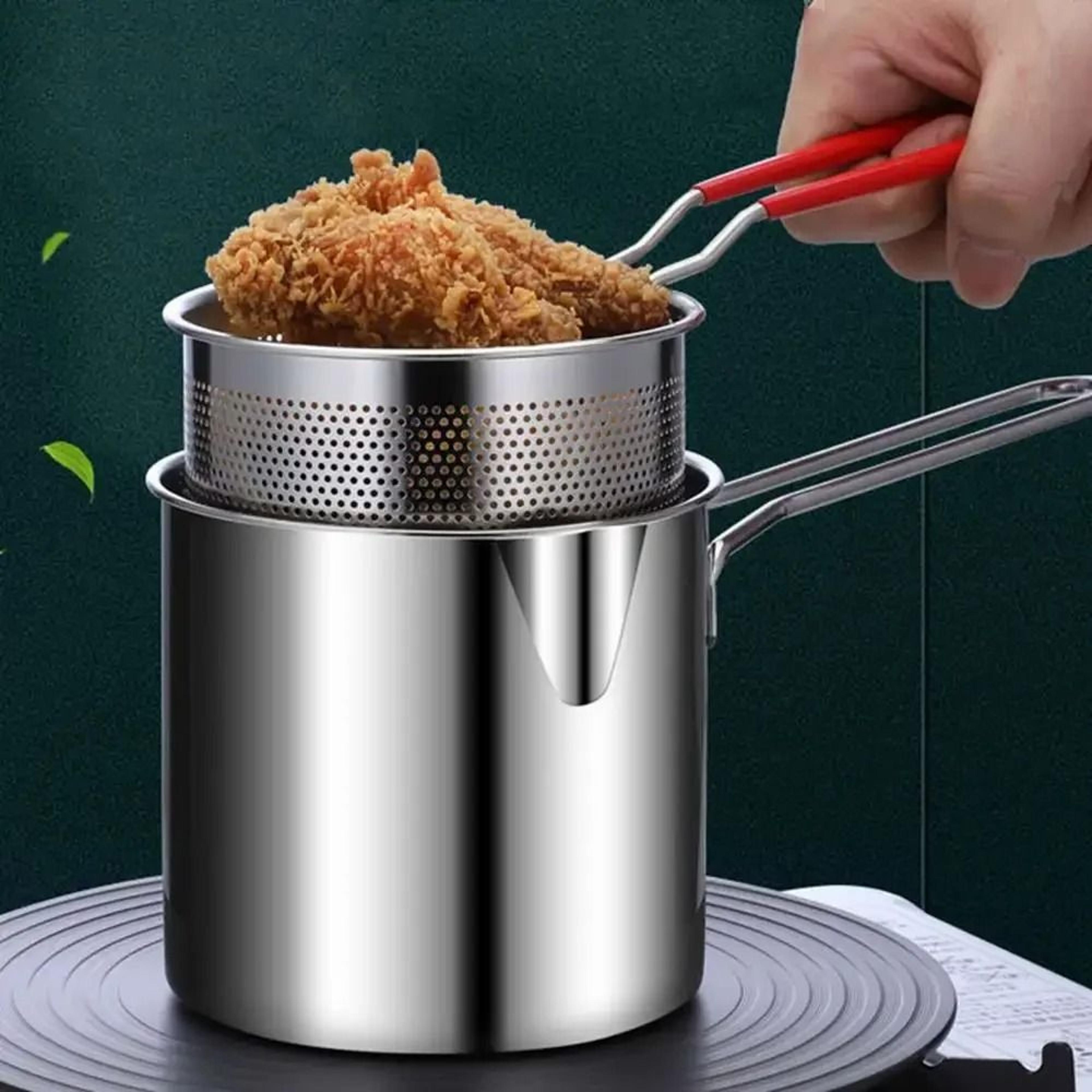 stainless steel deep fryer pan with strainer basket for chicken and tempura at home