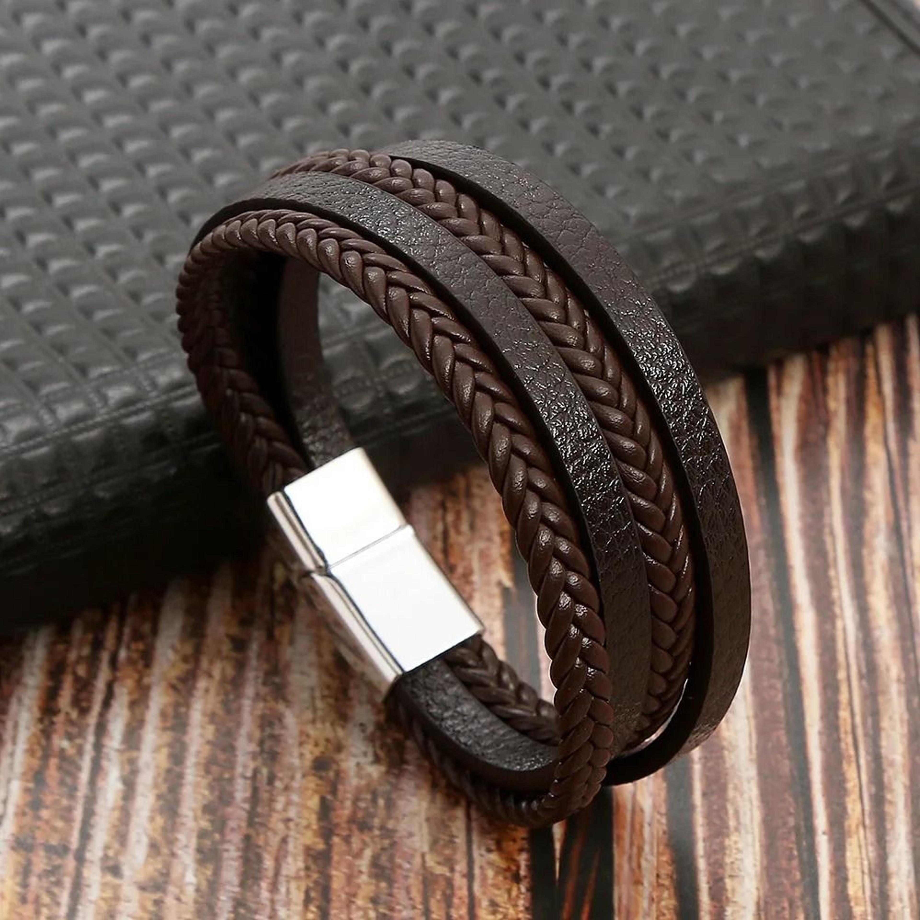 Leather Beaded Tiger Eye Multi Layer Bracelet For Men 12