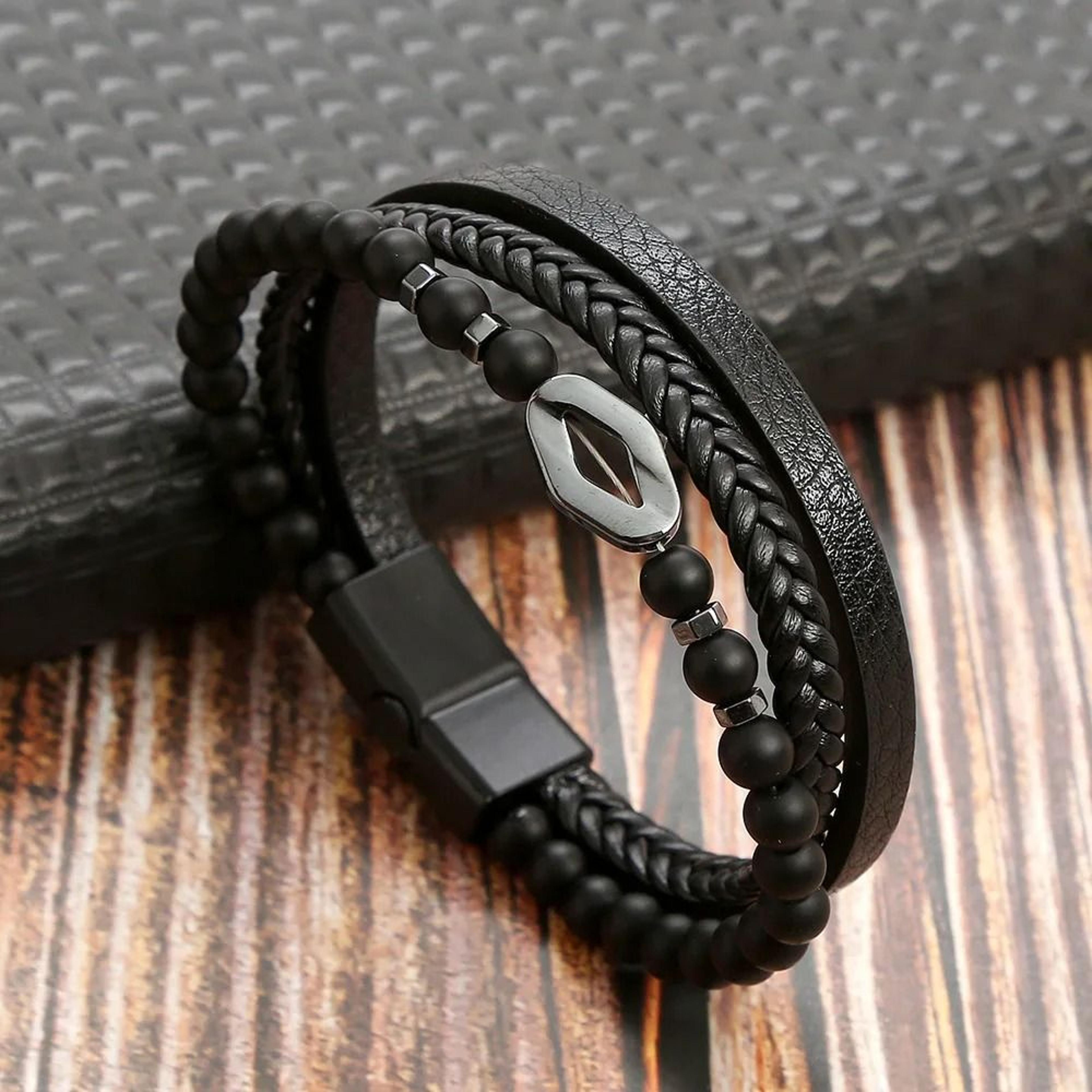 Leather Beaded Tiger Eye Multi Layer Bracelet For Men 14