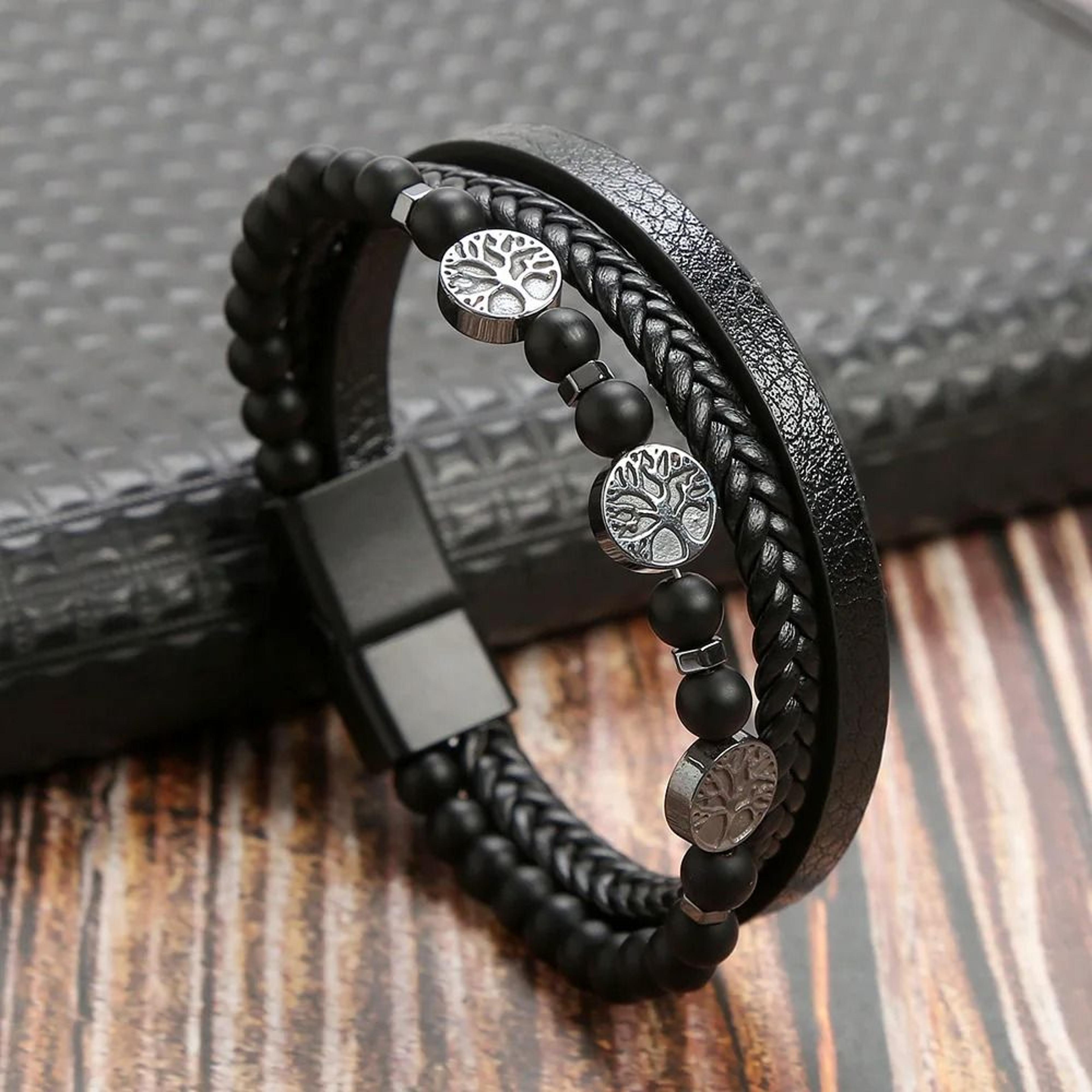 Leather Beaded Tiger Eye Multi Layer Bracelet For Men 17
