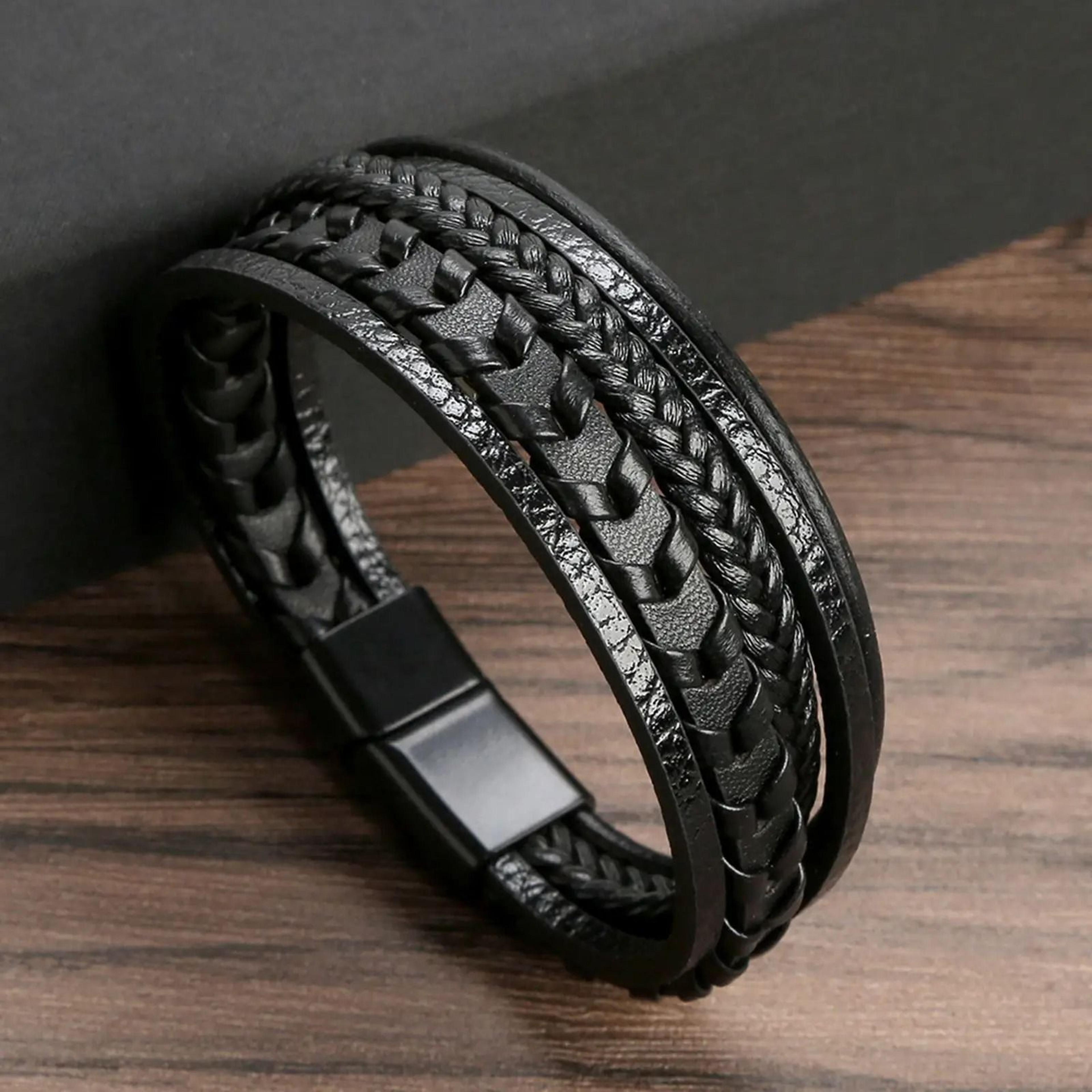 Leather Beaded Tiger Eye Multi Layer Bracelet For Men 22