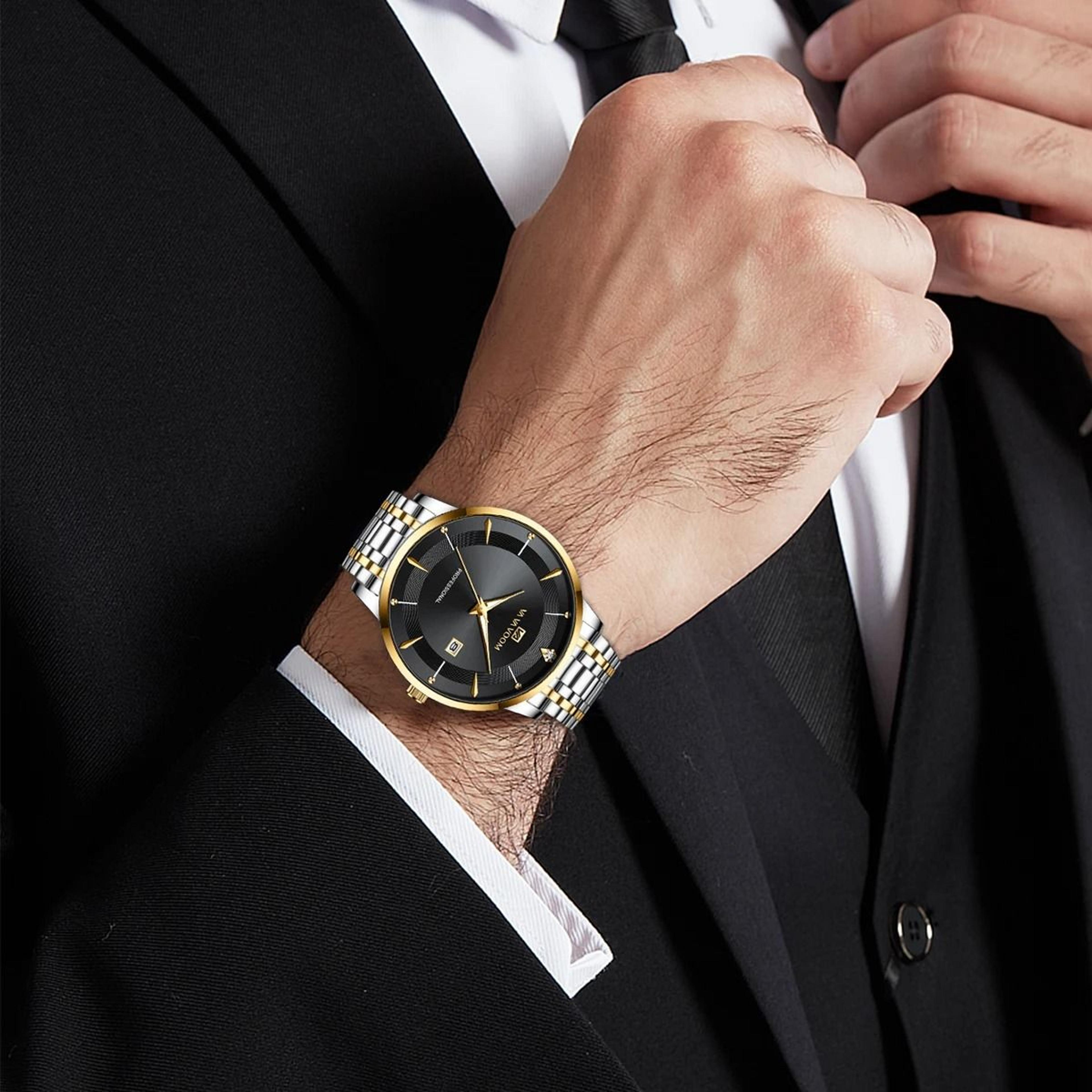 Mens Stainless Steel Rhinestone Business Watch 43mm Blue Gold Quartz 3