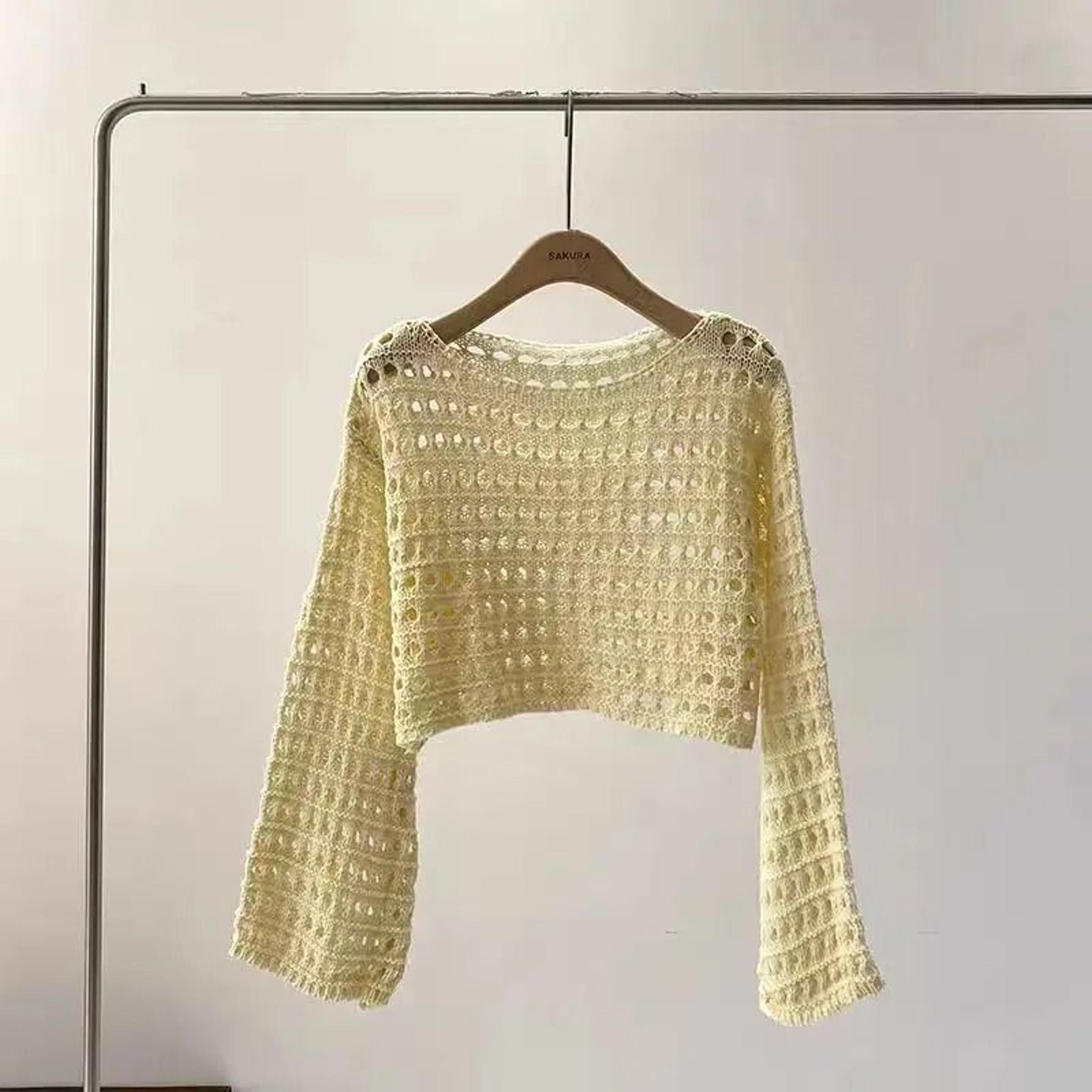 Women Long Sleeve Crochet Knit Crop Top Beach Vacation Pullover 4