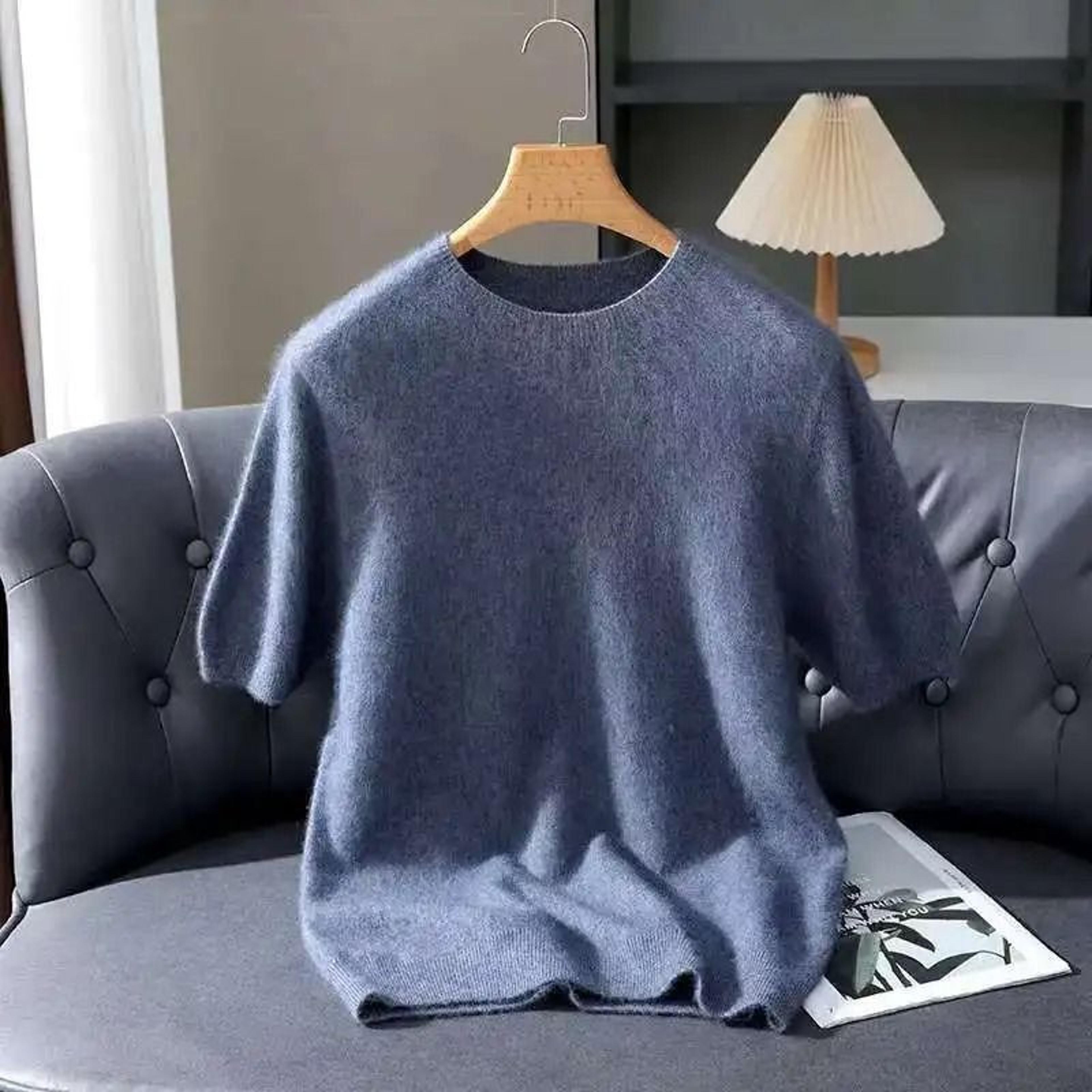Mink Cashmere Knit Short Sleeve Sweater For Men 12