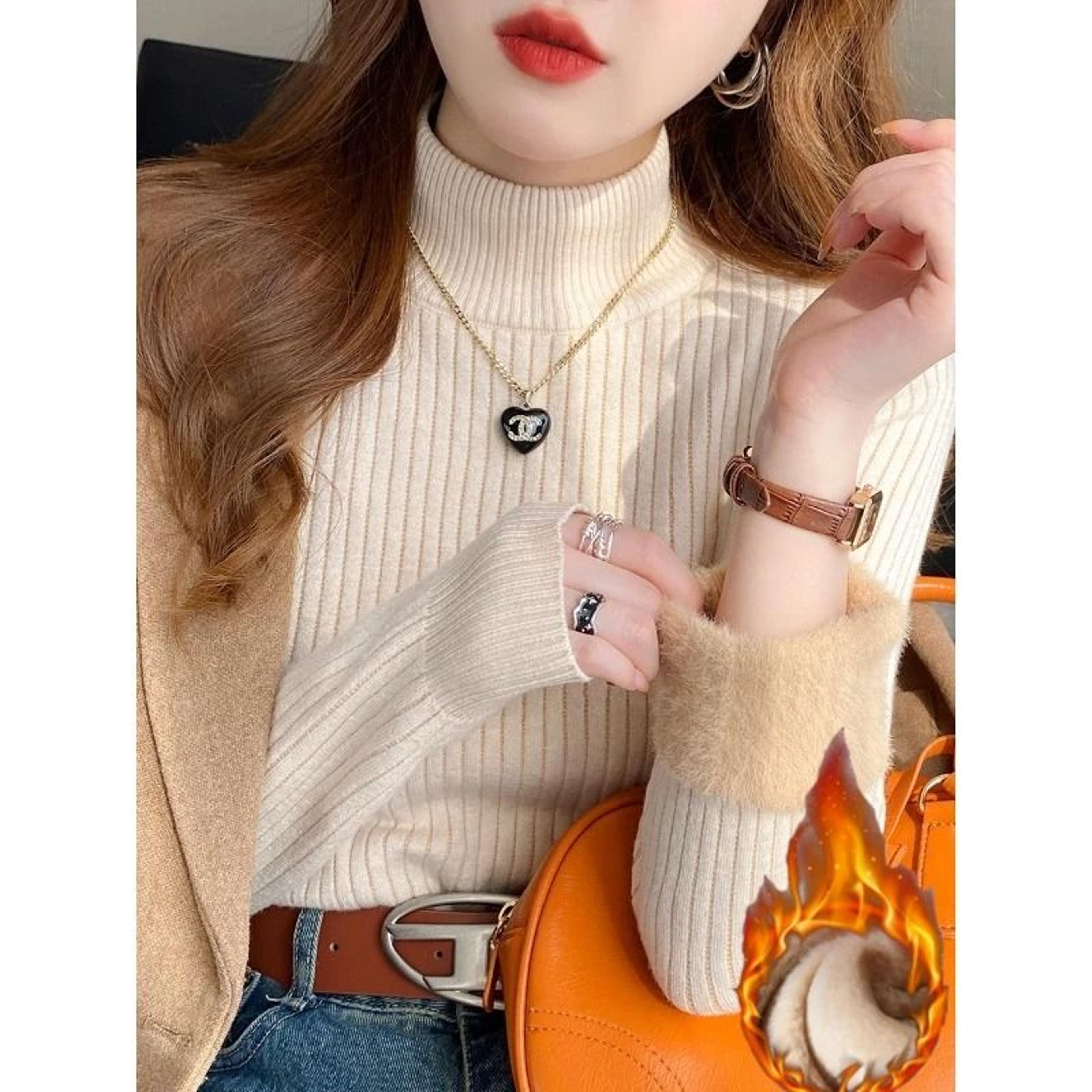 Women Turtleneck Sweater Velvet Lined Thermal Knit Pullover 2