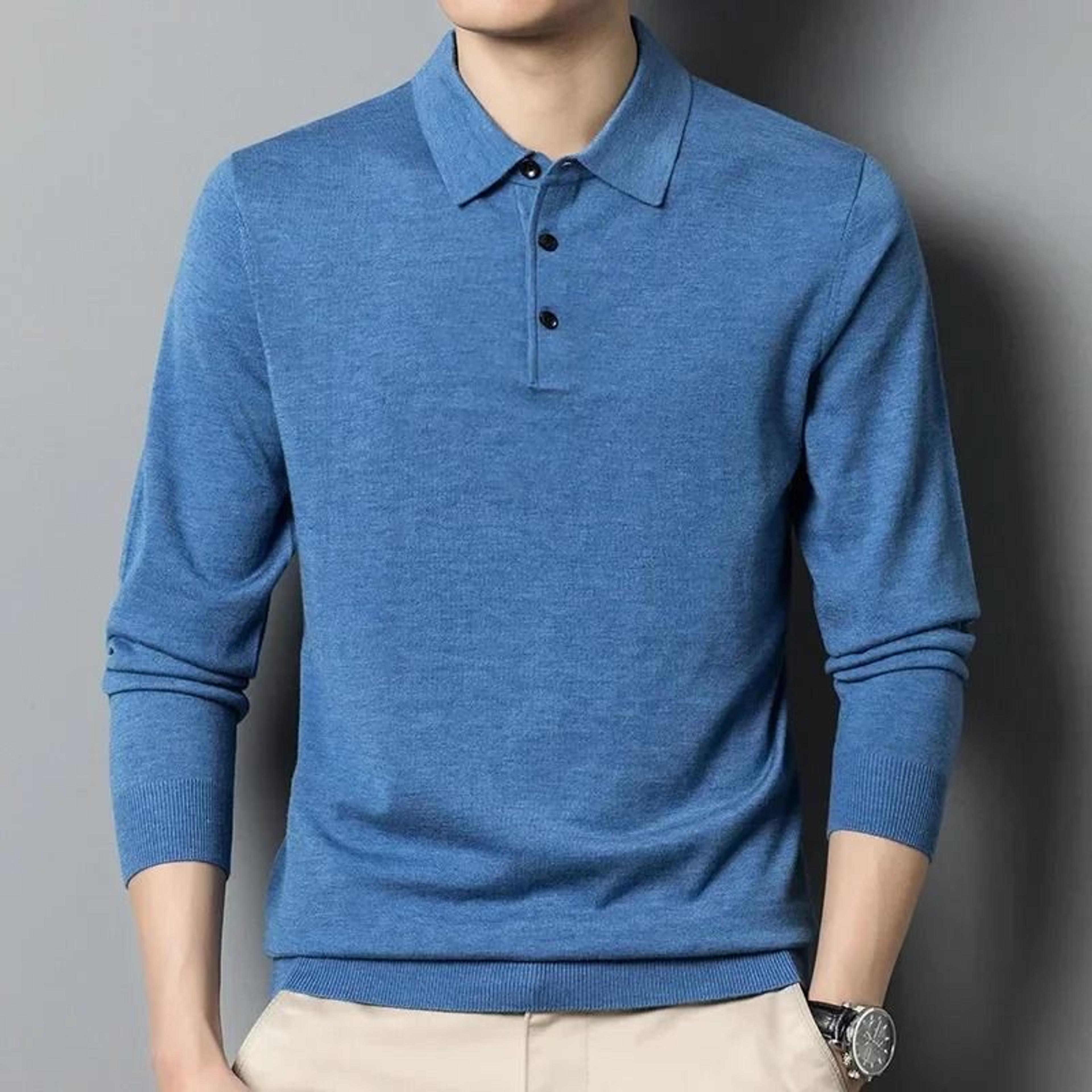 Mens Wool Blend Long Sleeve Polo Pullover Sweater With Lapel 11