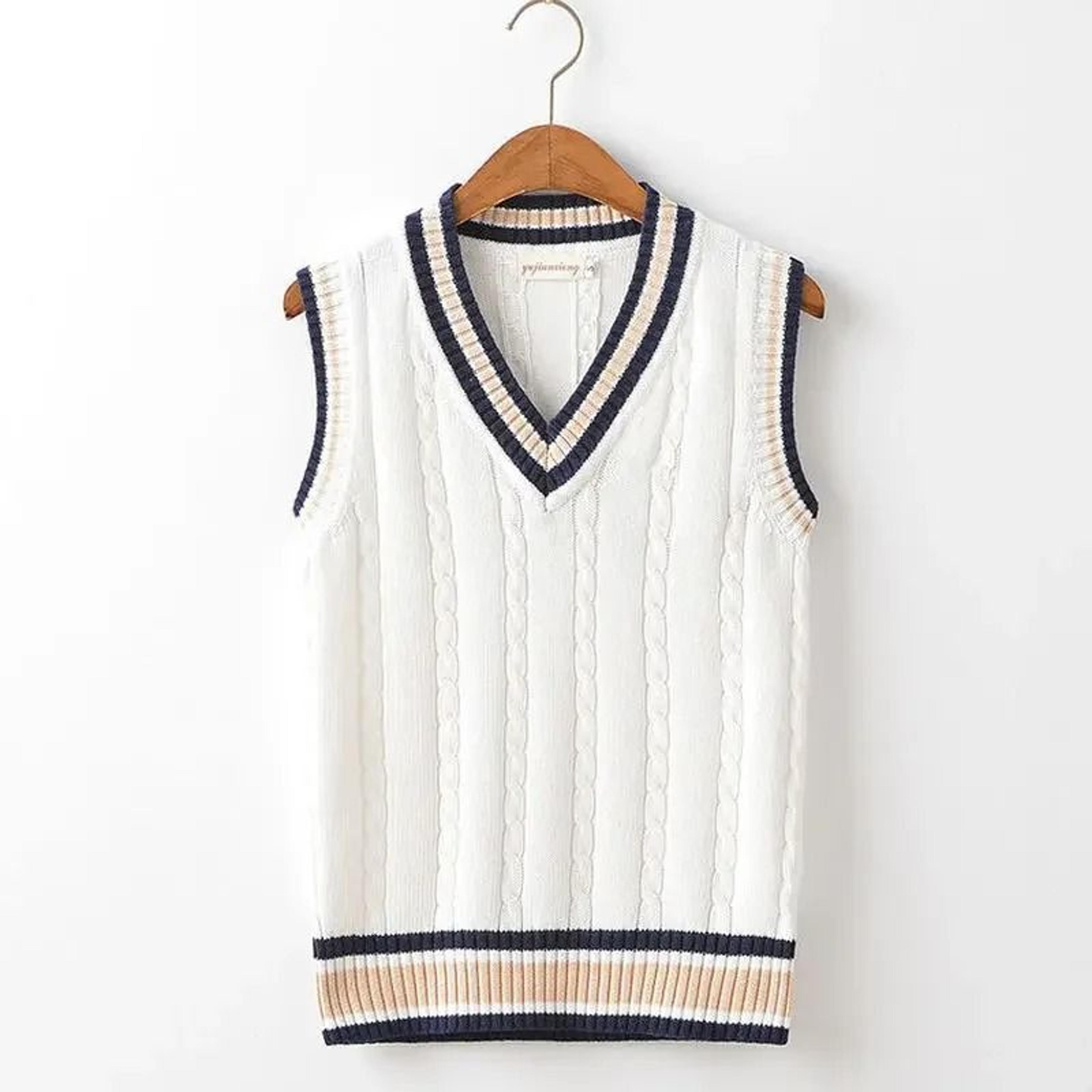Mens Thick Knitted V Neck Sweater Vest Retro Striped Casual Pullover 1