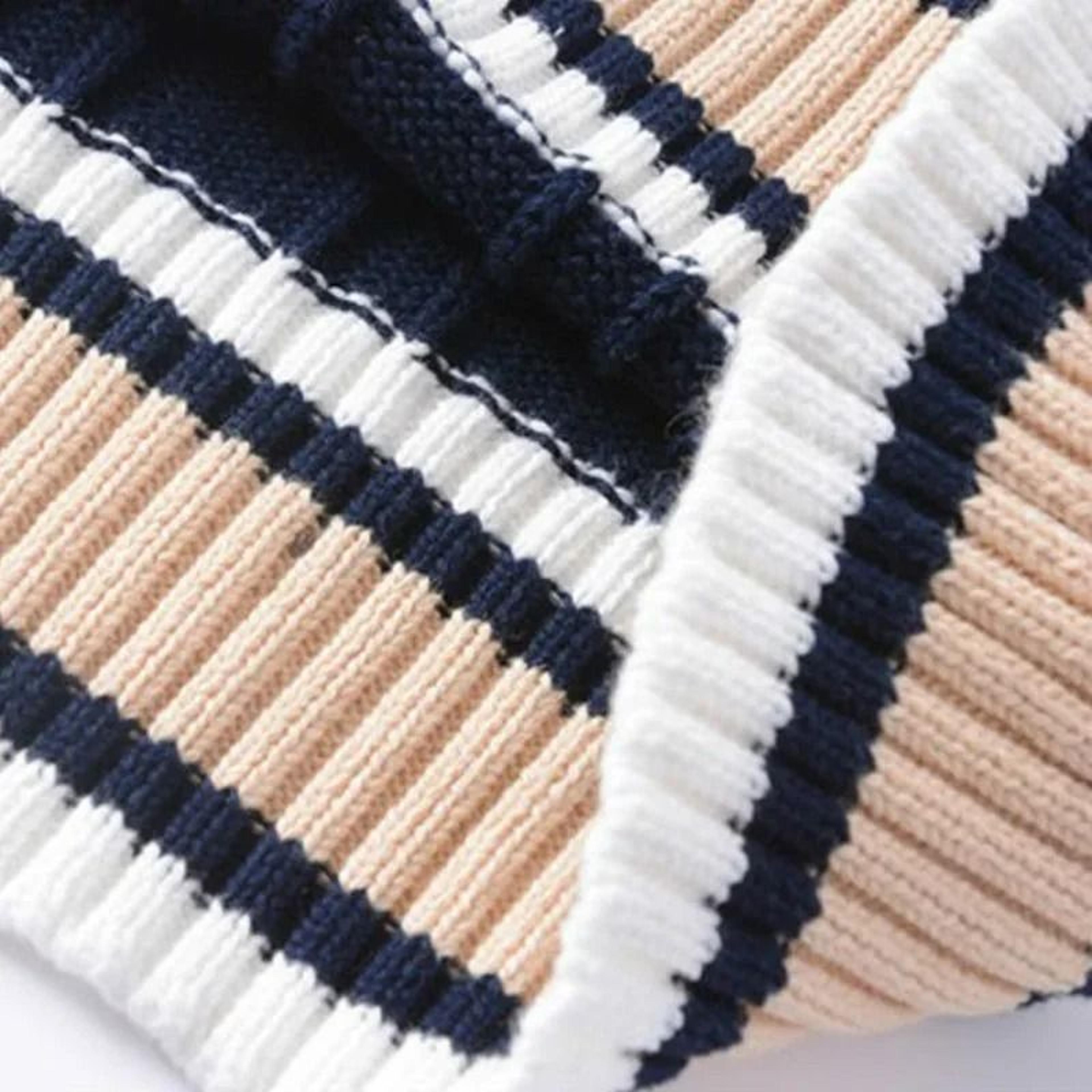 Mens Thick Knitted V Neck Sweater Vest Retro Striped Casual Pullover 4