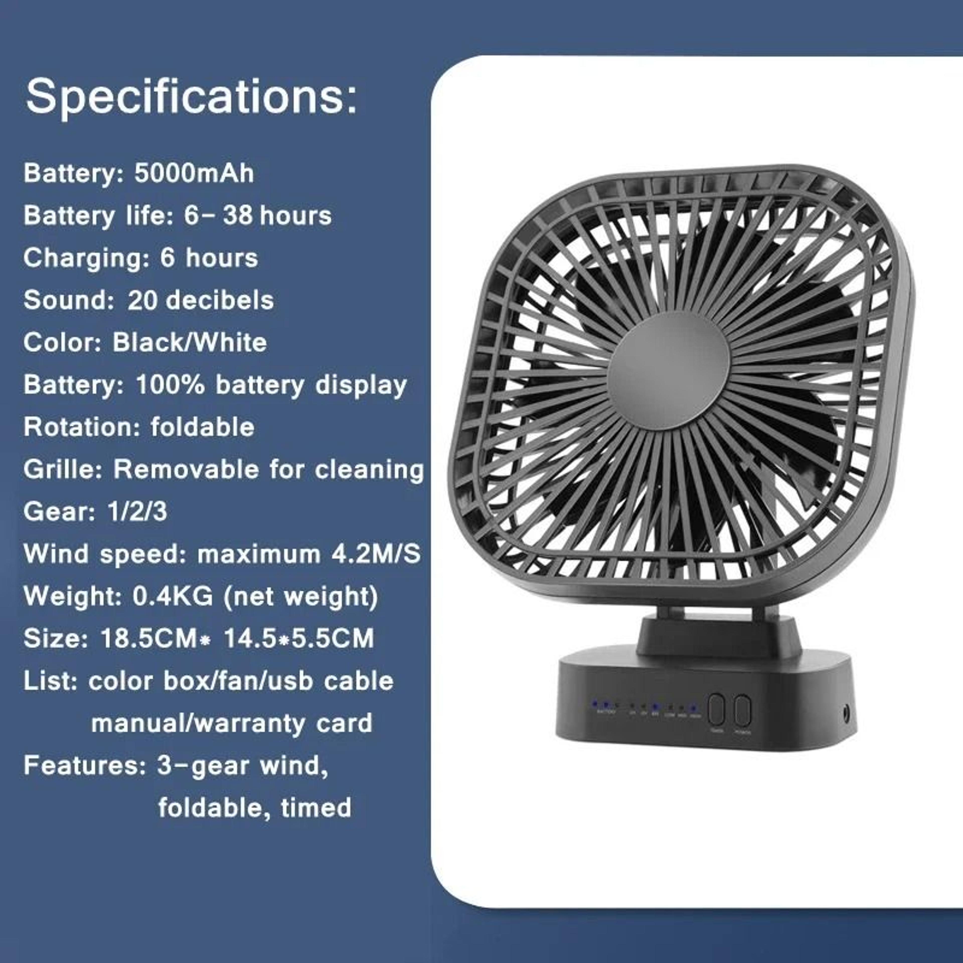 Mini USB Rechargeable Battery Fan With Timer 3 Speed 7 Blade Portable Quiet Fan 6