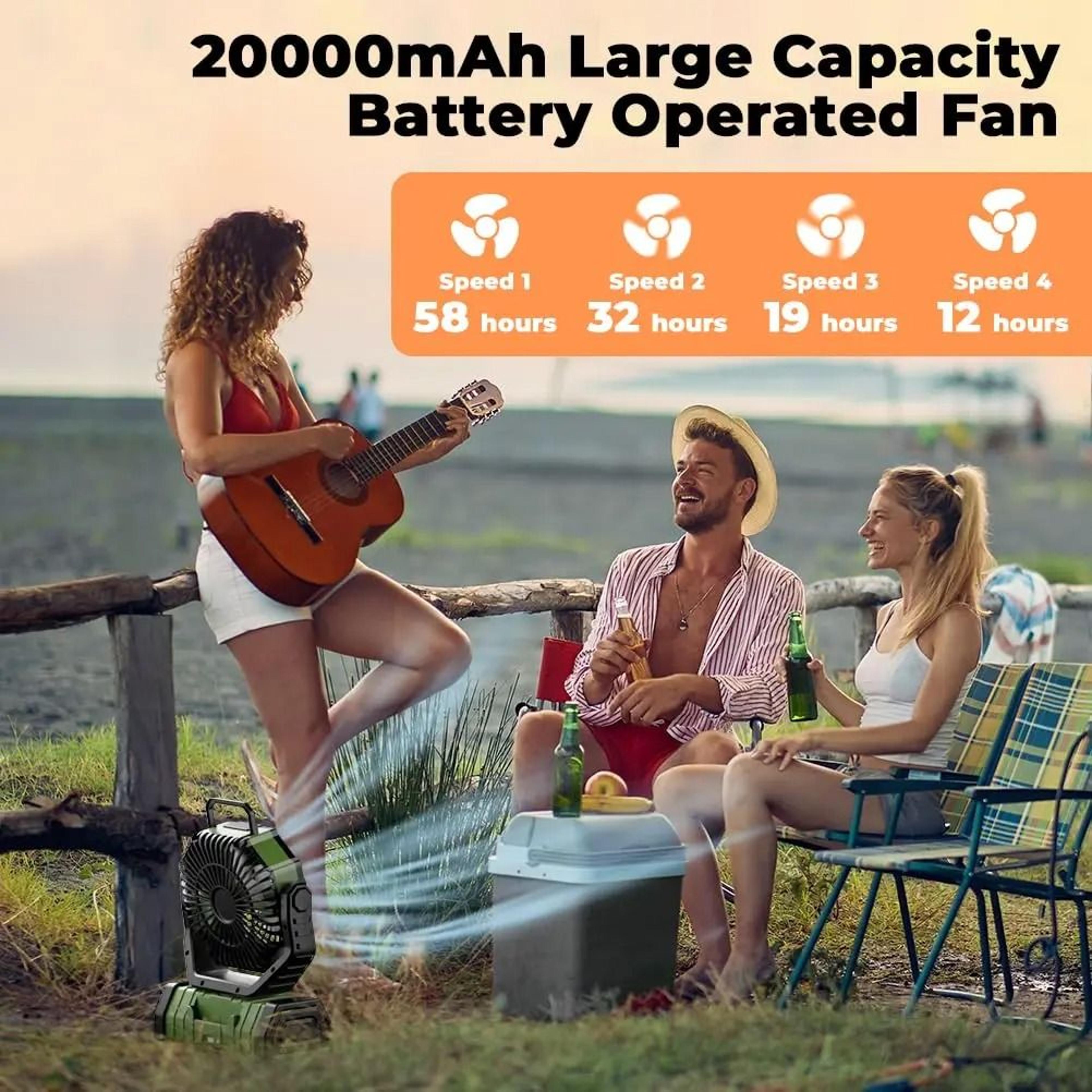 Camping Fan 20000mAh Rechargeable Fan With LED Light And Hanging Hook 4 Speeds 5
