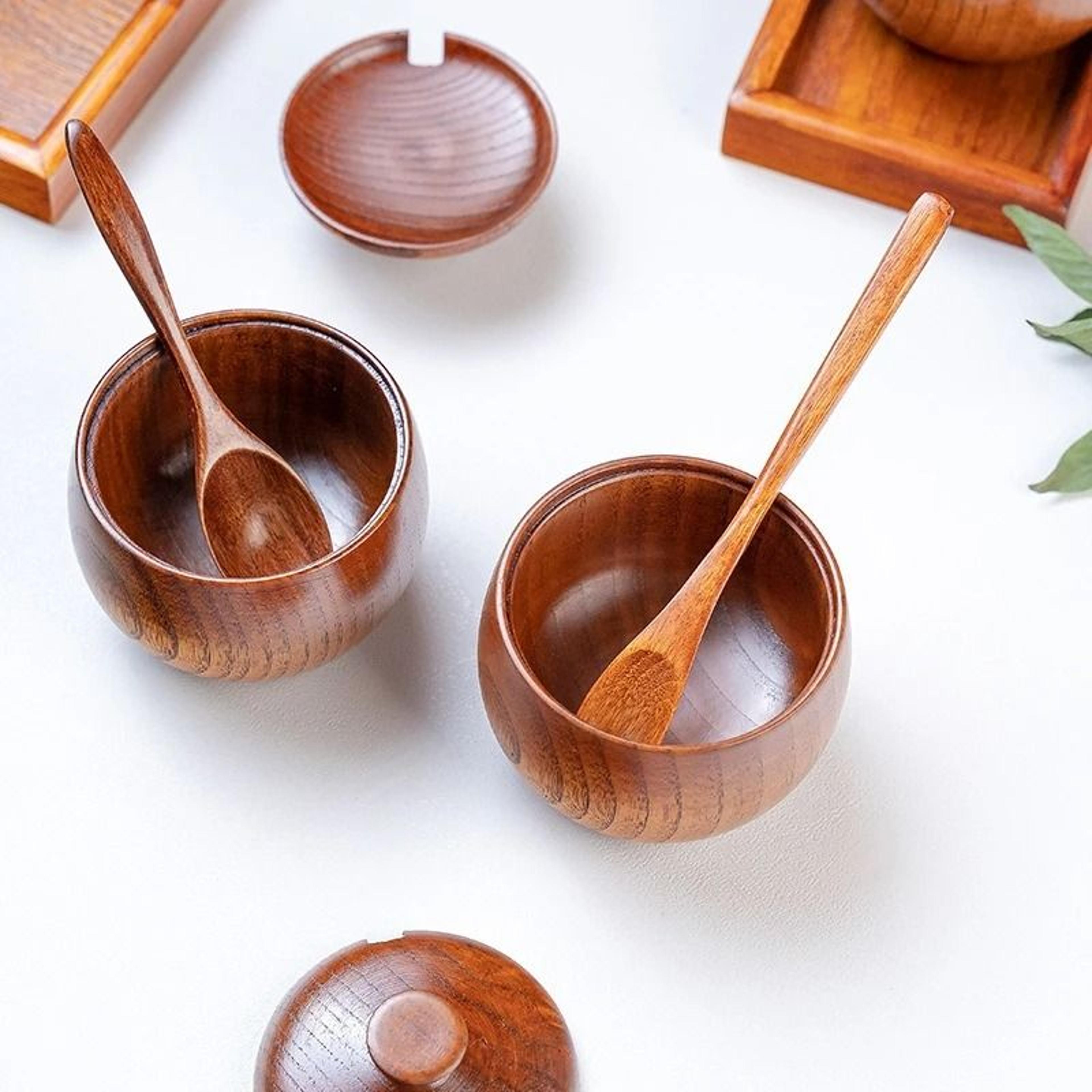 Wooden Seasoning Jar Vintage Kitchen Salt Sugar Spice Container With Lid Spoon And Tray 3
