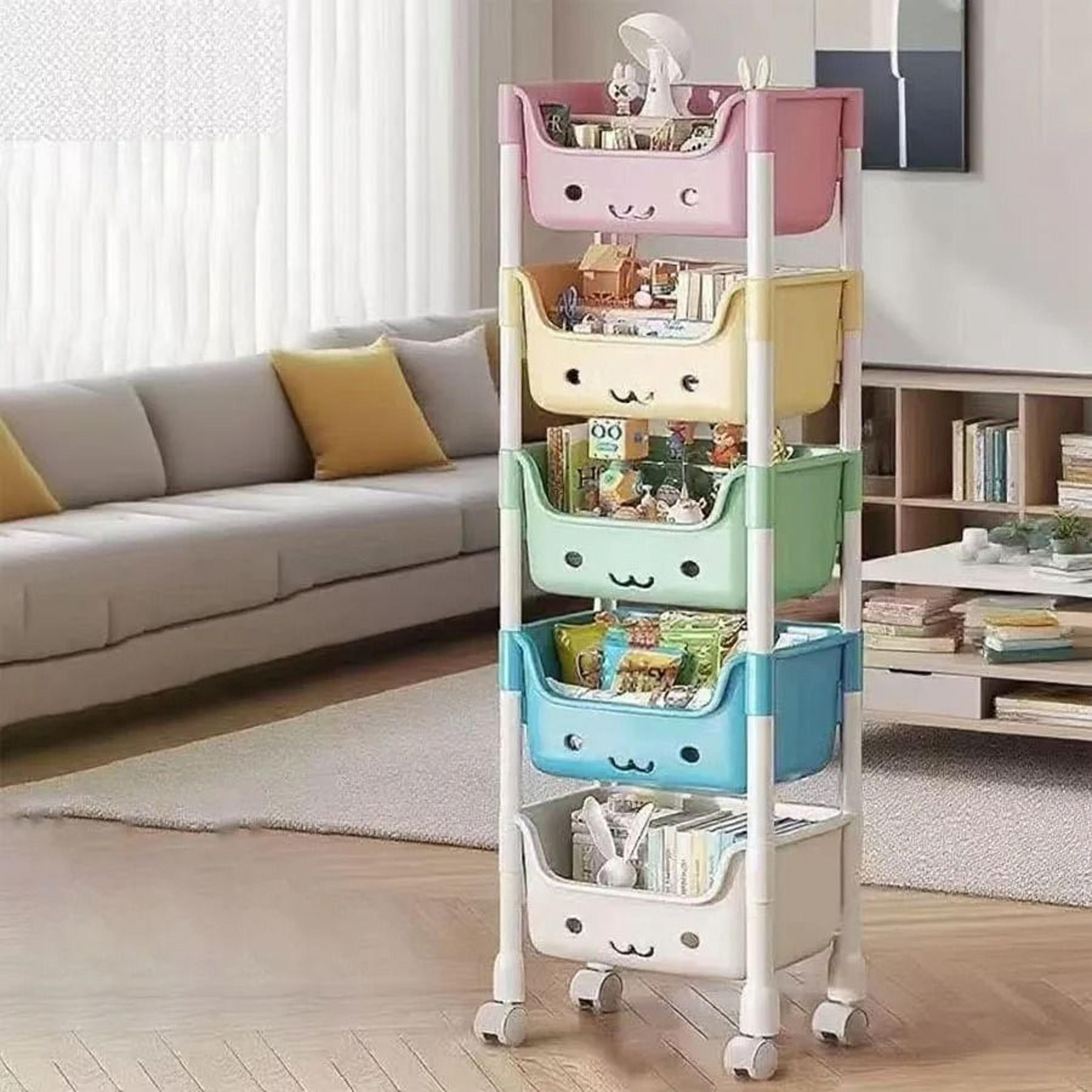 5 Tier Cartoon Rolling Storage Rack Cute Bins For Books Toys Room Tidy 1