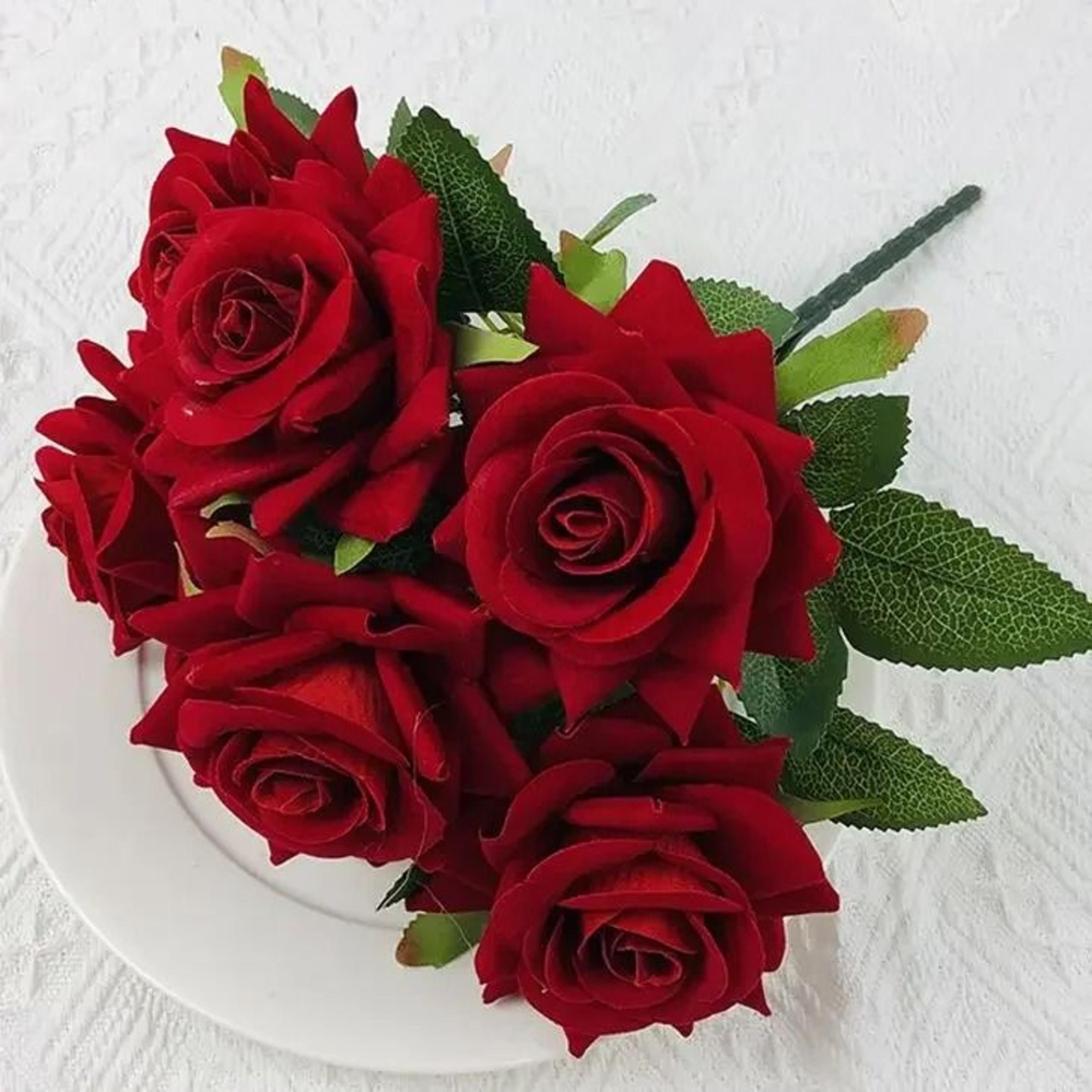 Velvet Artificial Flower Rose Bouquet Red 7 Heads Fake Rose Decorative Floral Home Decor 0