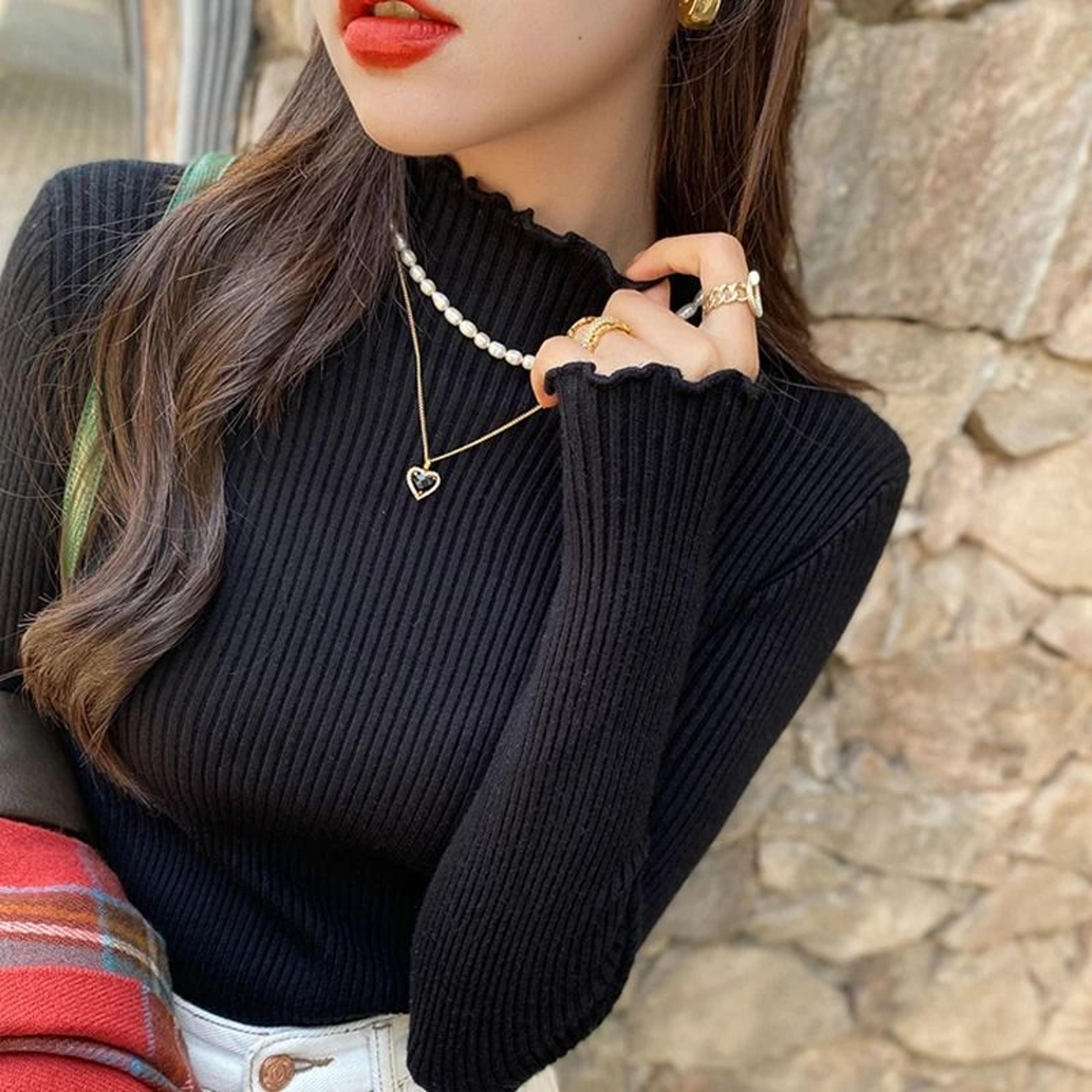 Autumn Winter Women Long Sleeve Solid Pullover Sweater Knitted Ruffle Top 1