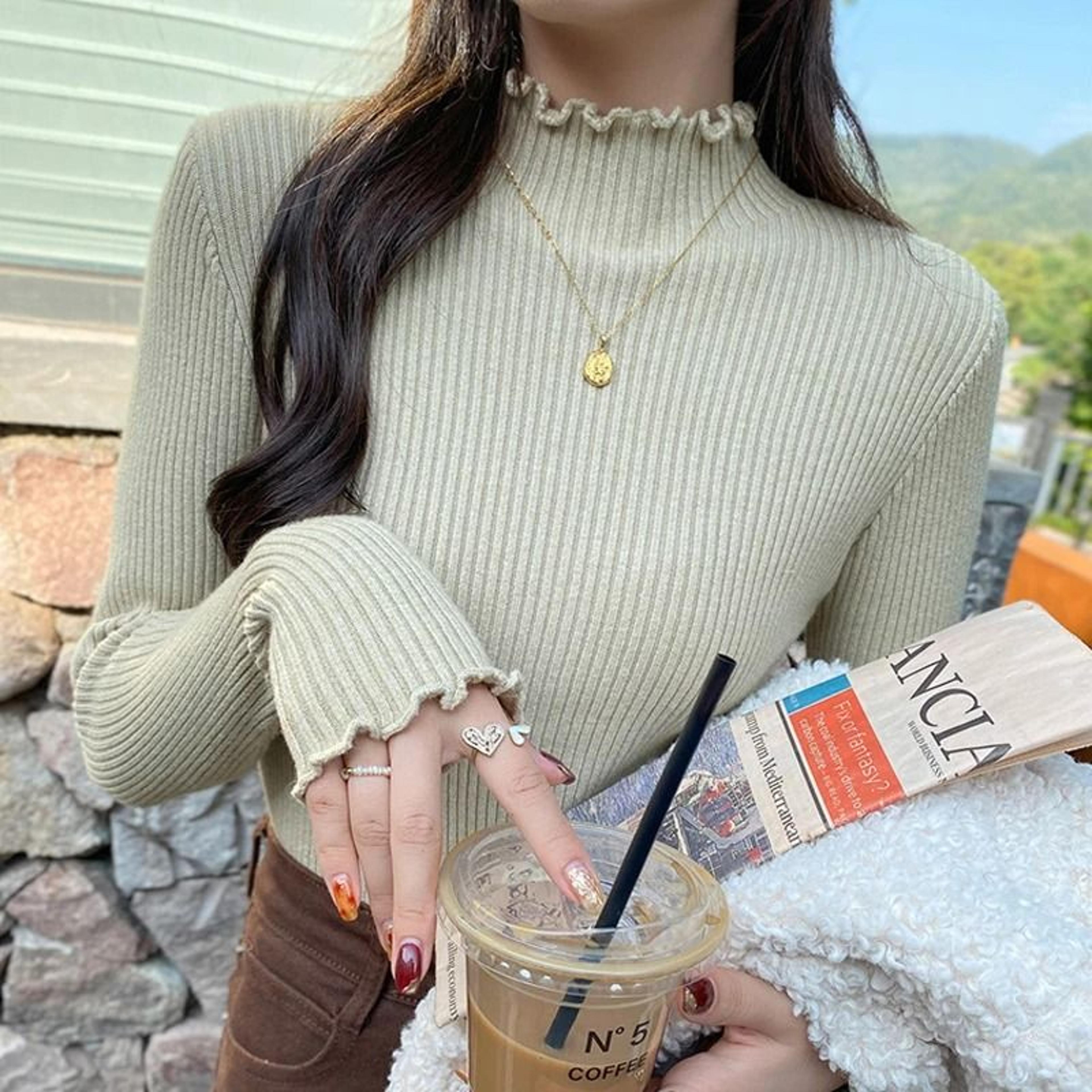 Autumn Winter Women Long Sleeve Solid Pullover Sweater Knitted Ruffle Top 6