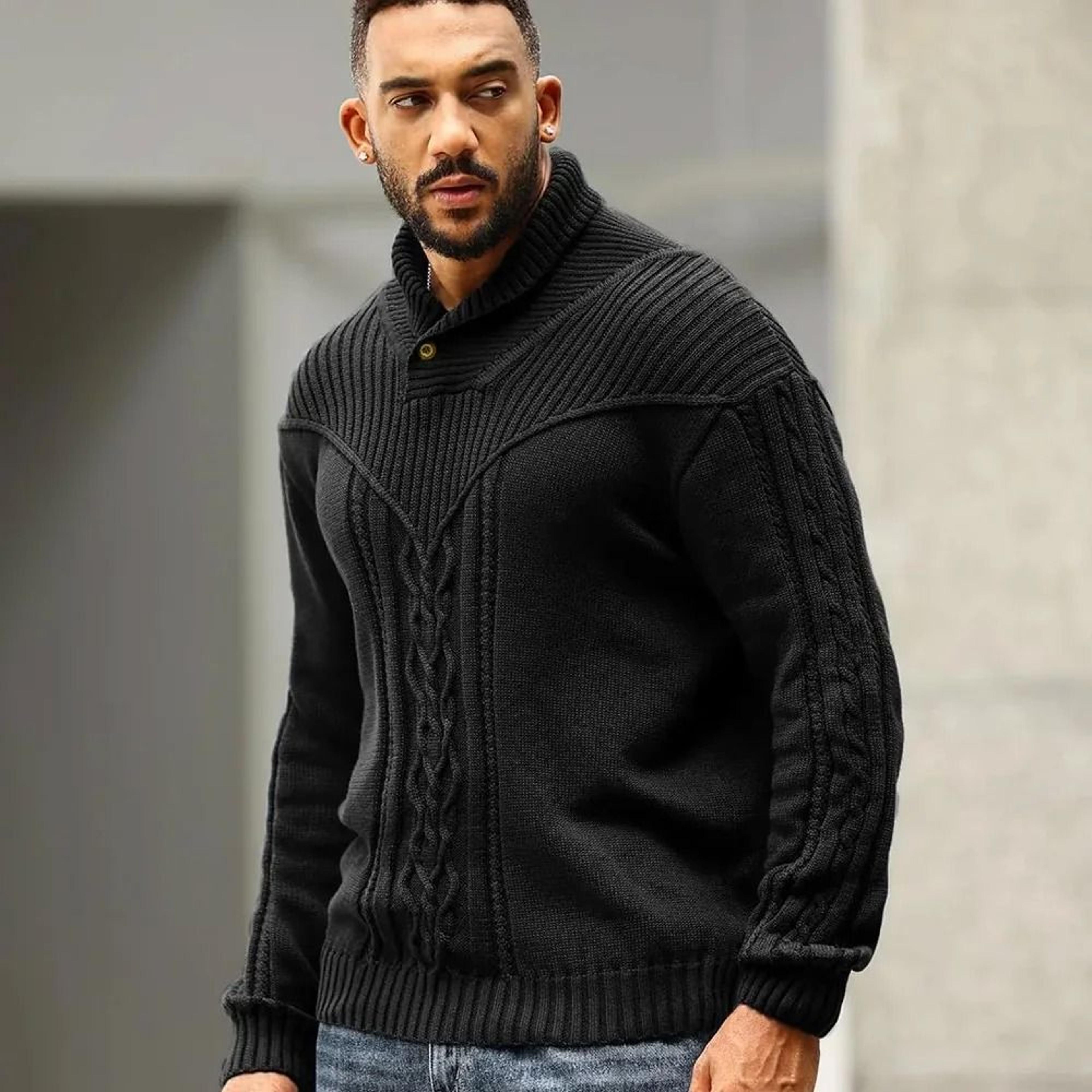 Men Shawl Collar Cable Knit Pullover Sweater Fleece Woolen Solid Color 4