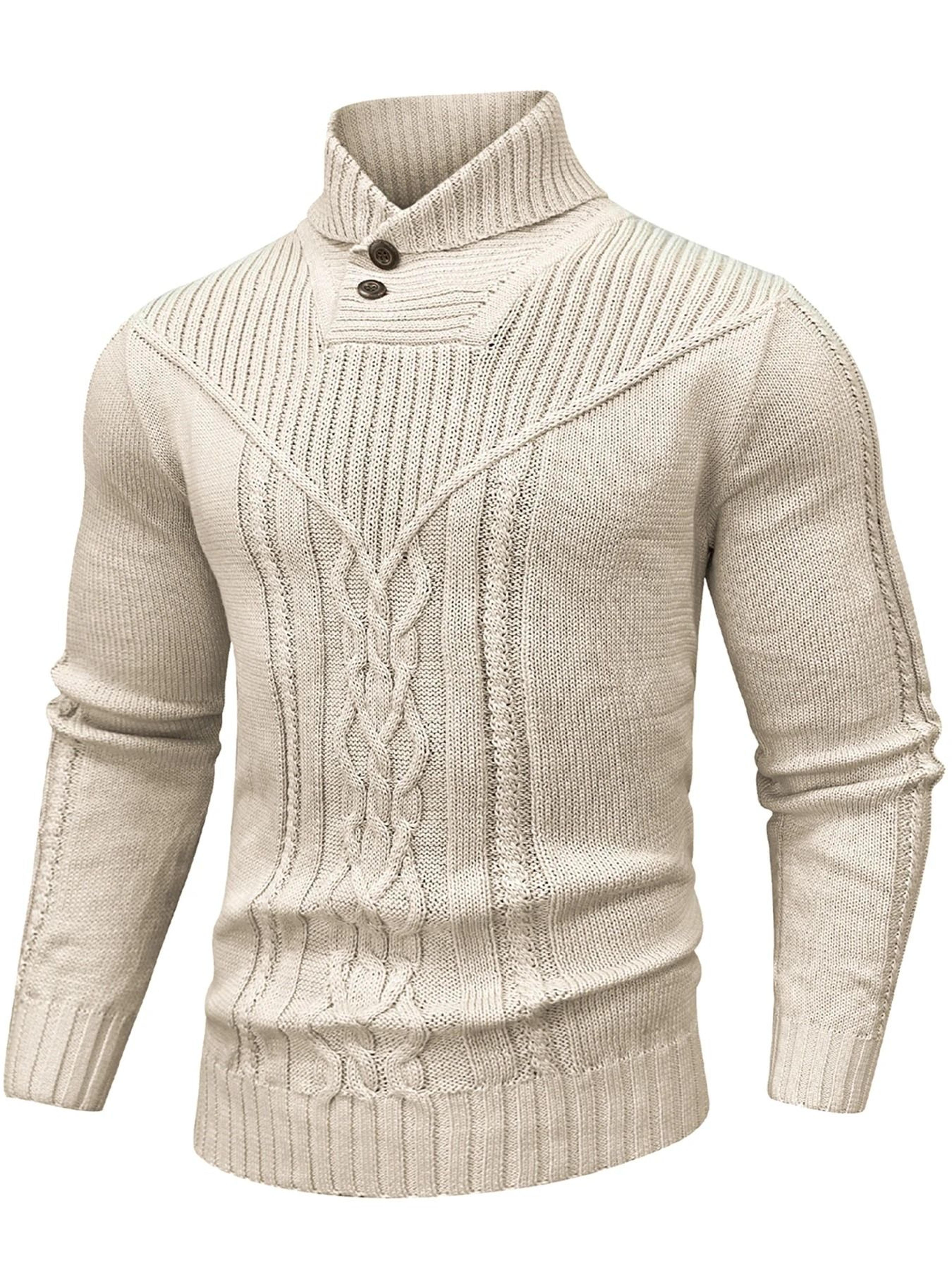 Men Shawl Collar Cable Knit Pullover Sweater Fleece Woolen Solid Color 5