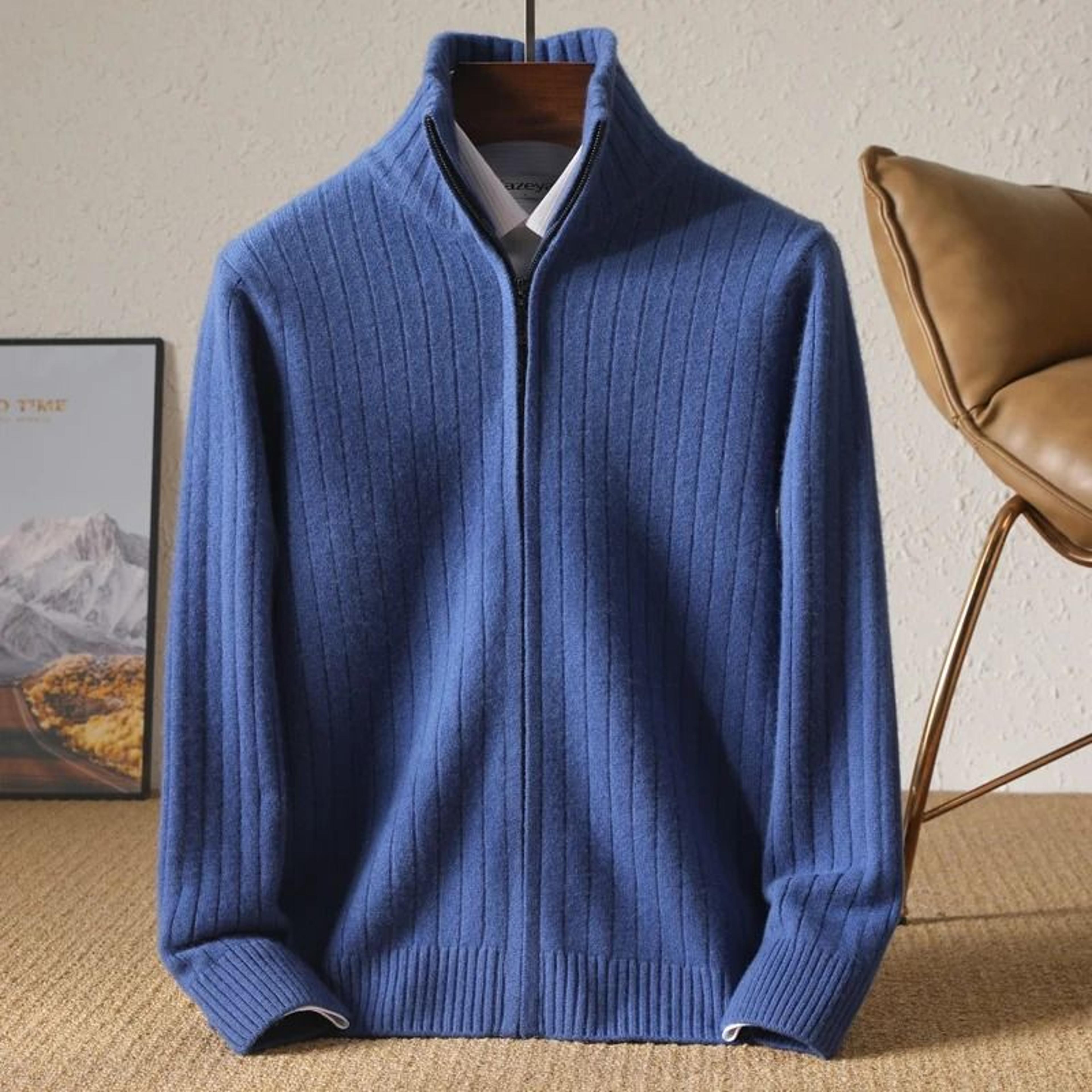 Men 100 Percent Merino Wool Stand Up Collar Cardigan Zipper Coat 1