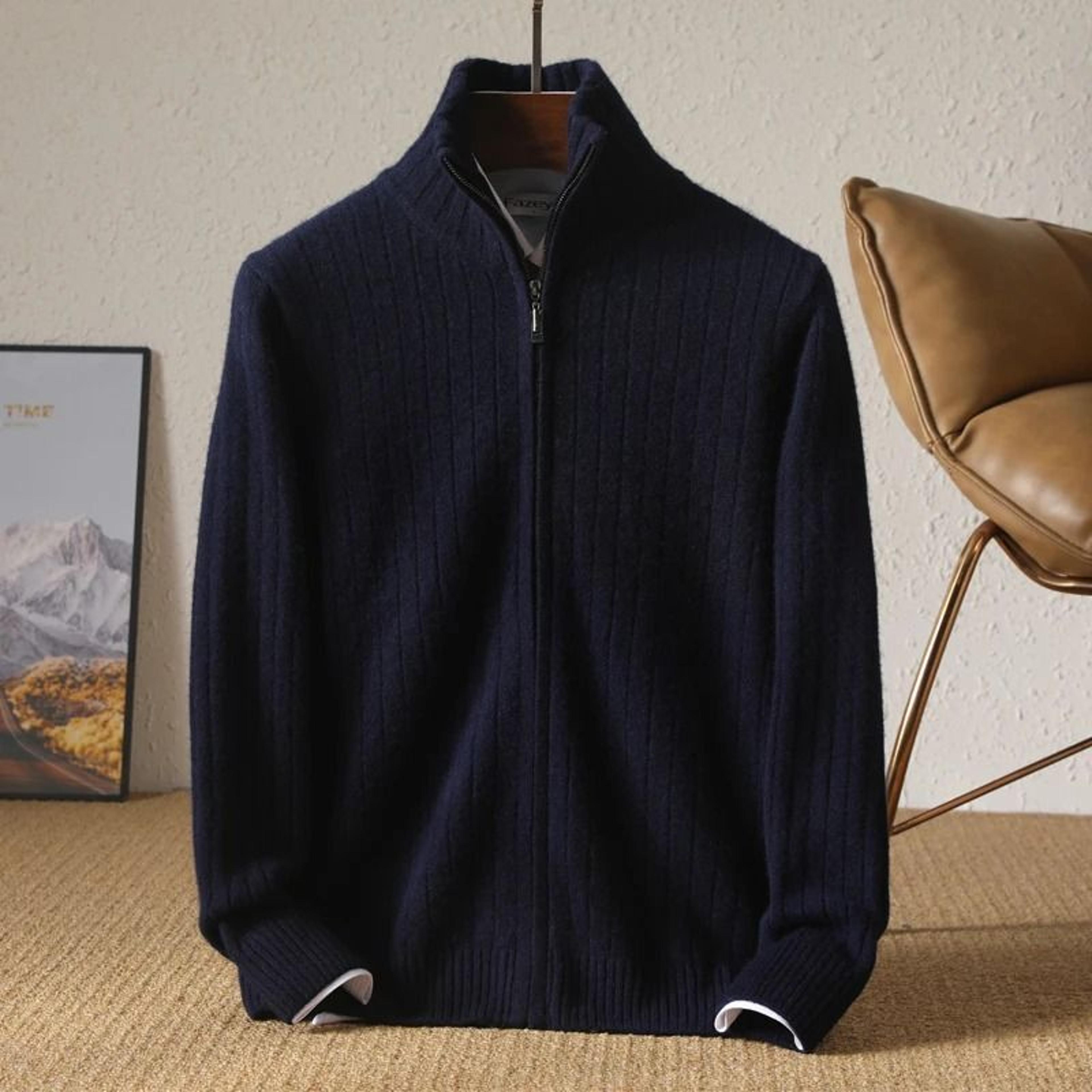 Men 100 Percent Merino Wool Stand Up Collar Cardigan Zipper Coat 7