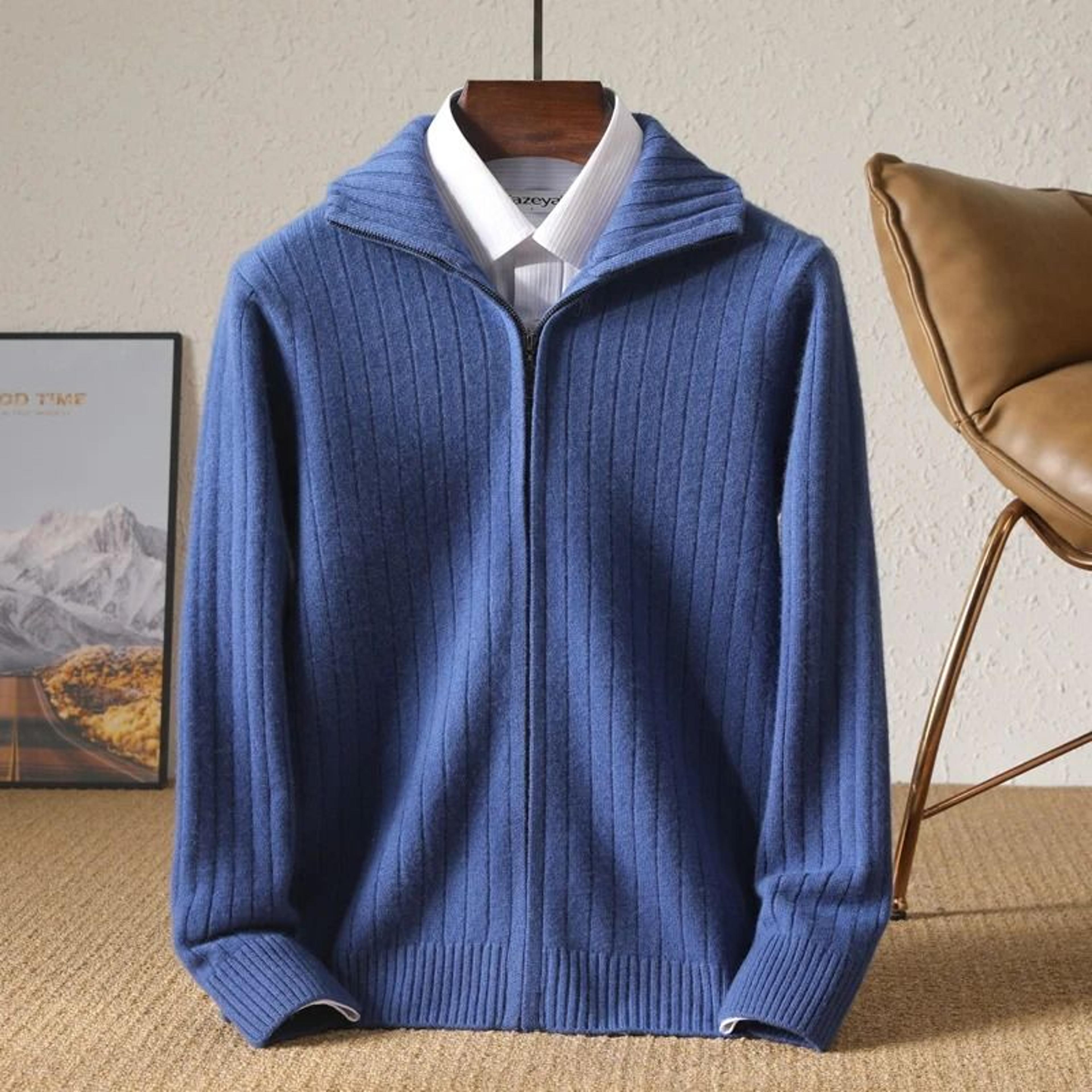 Men 100 Percent Merino Wool Stand Up Collar Cardigan Zipper Coat 8