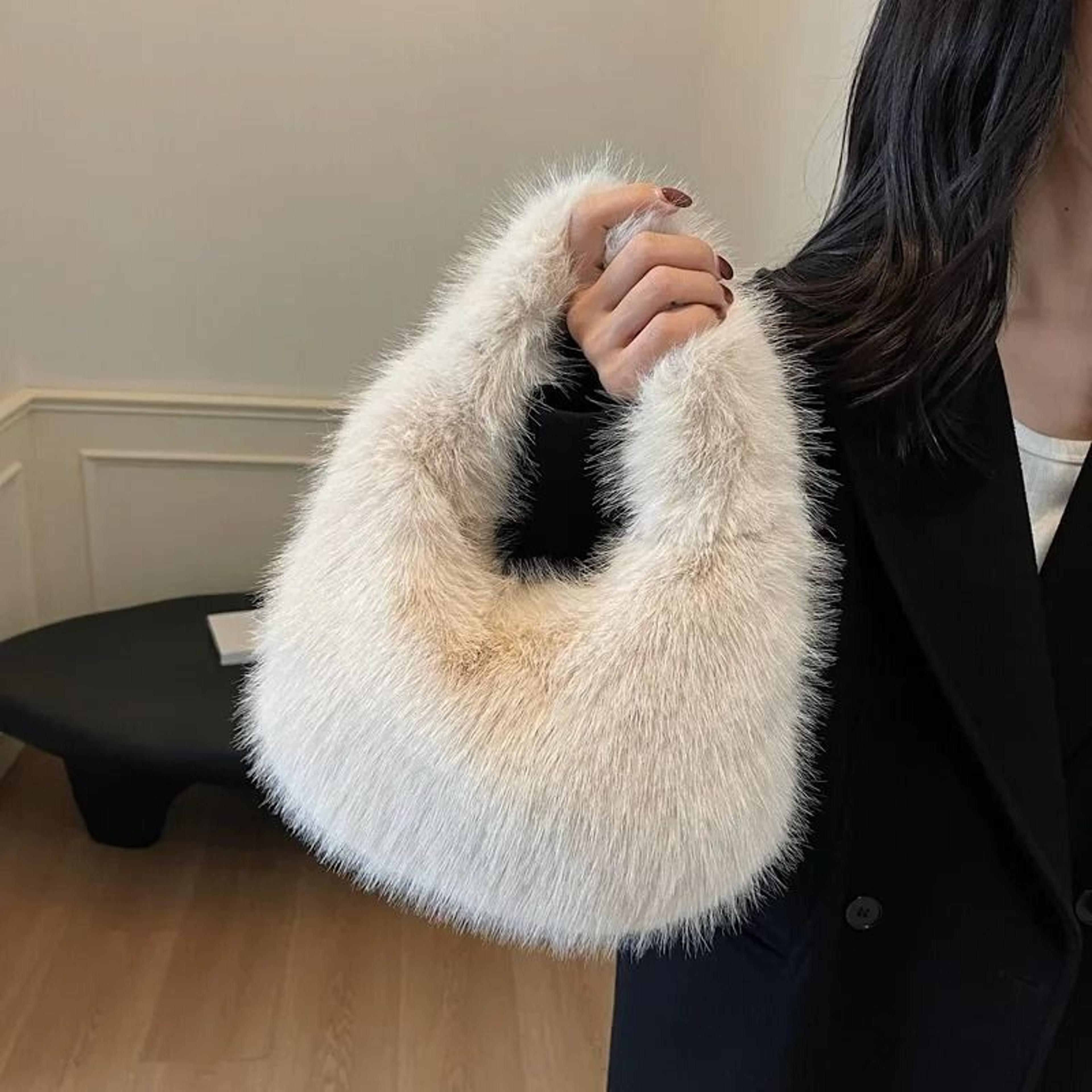 Solid Color Faux Fur Bag For Women Winter Soft Plush Handbag Tote 0
