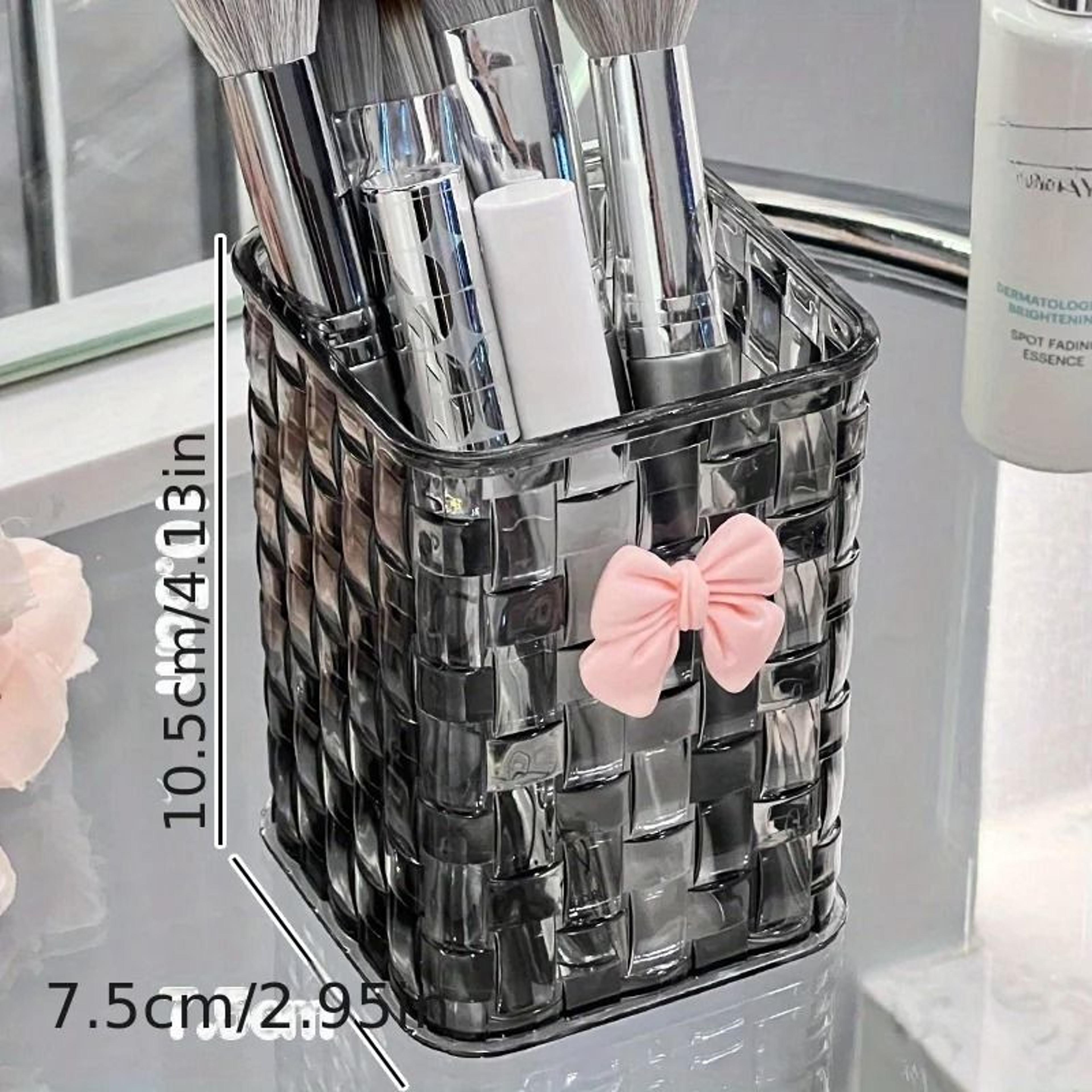 Clear Acrylic Desk Organizer With Bow Accent Pen Holder And Storage Basket For Office Supplies 2