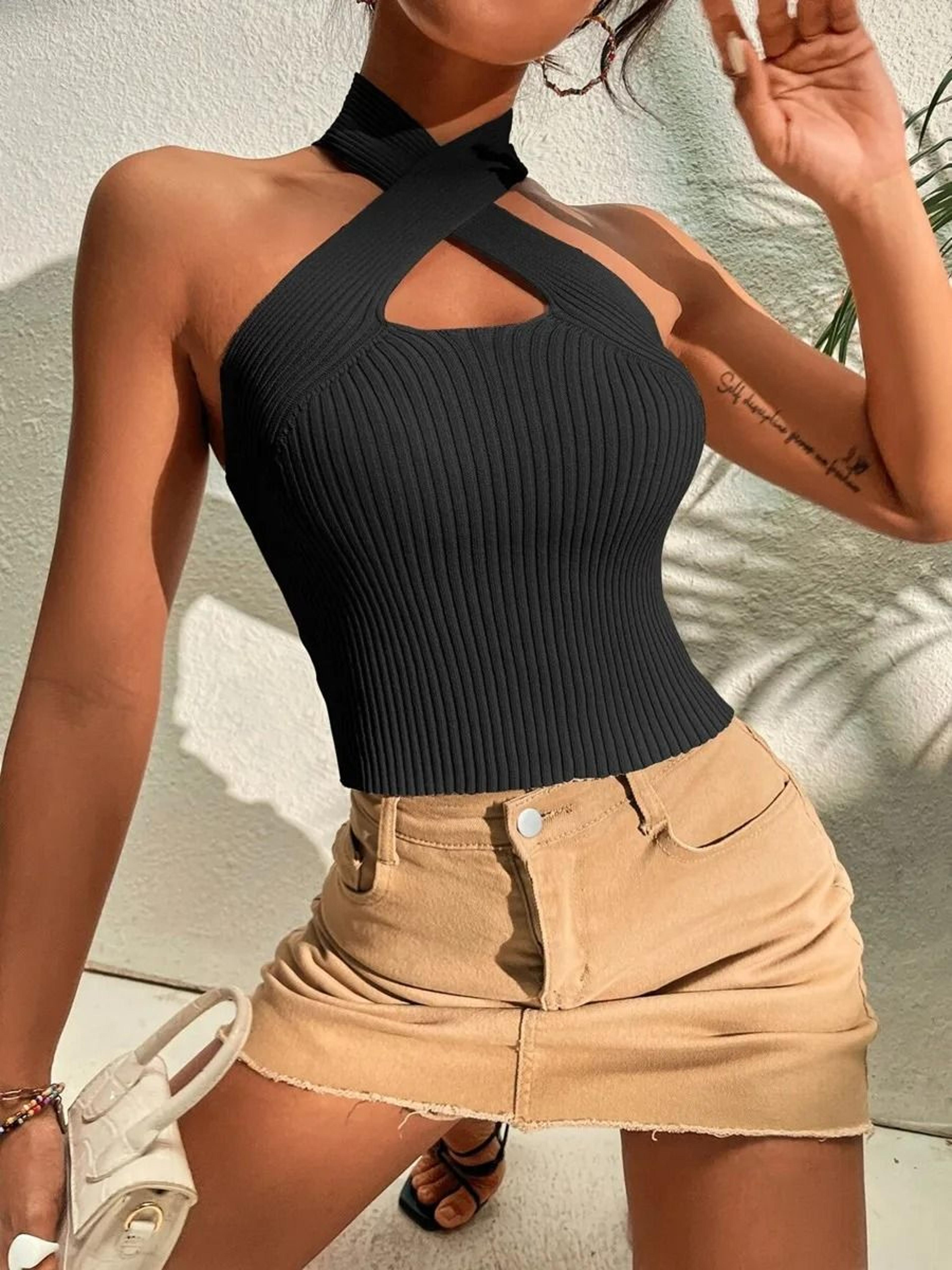 Women Ribbed Knit Criss Cross Halter Crop Top 1