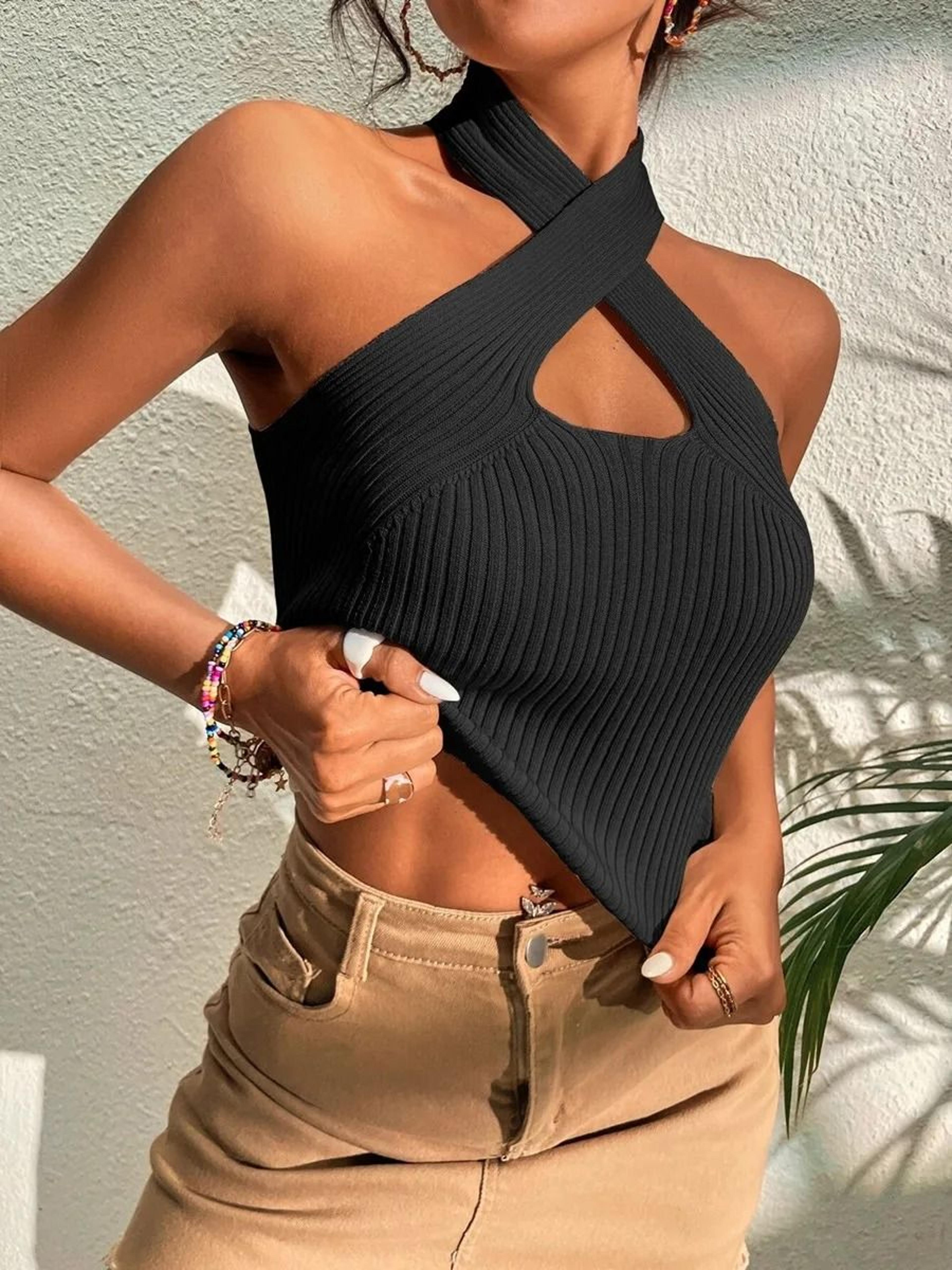 Women Ribbed Knit Criss Cross Halter Crop Top 6