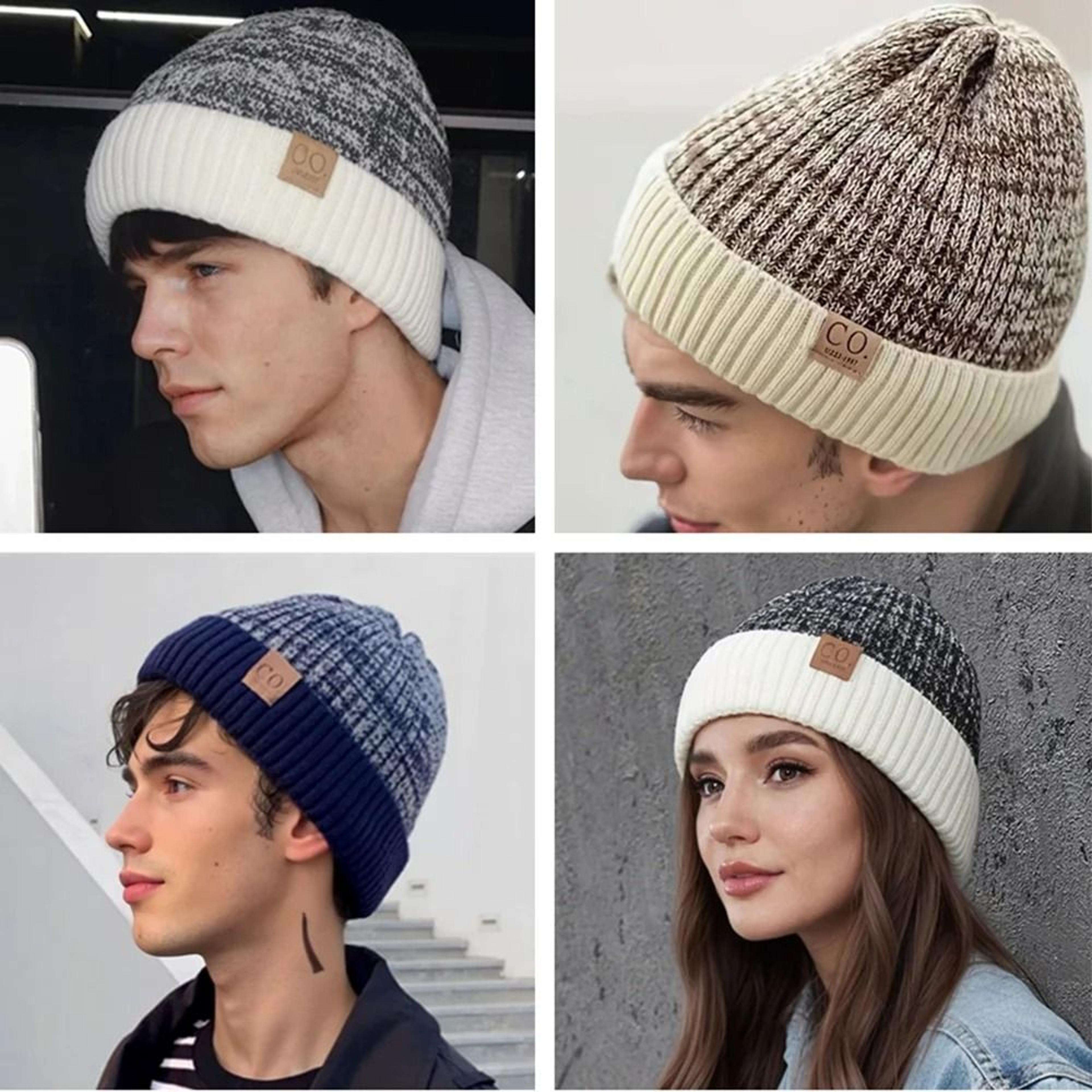 Unisex Two Tone Winter Fur Lined Beanie Hat 4