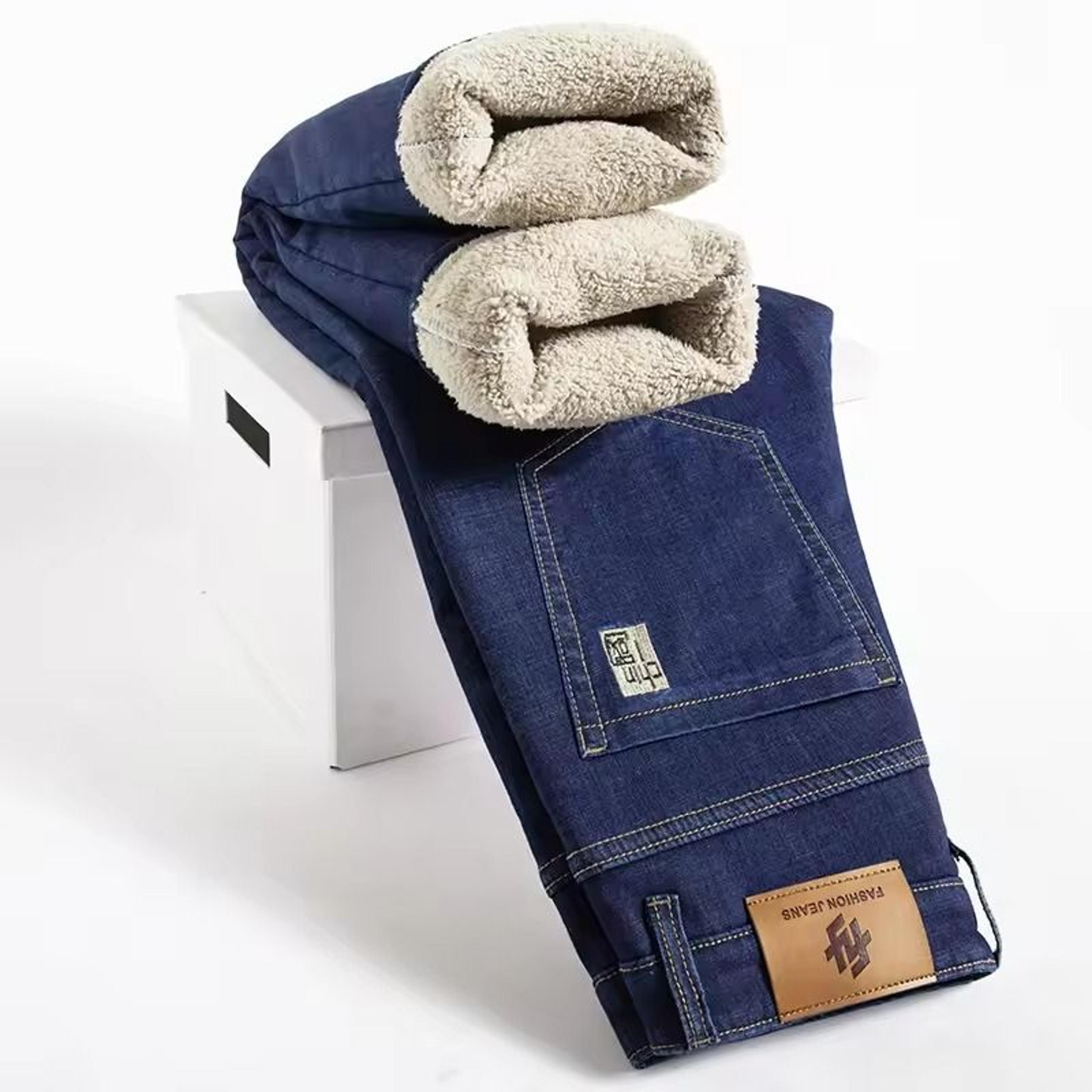 Winter Lamb Fluff Denim Straight Pants Men Fleece Lined Warm Jeans 2