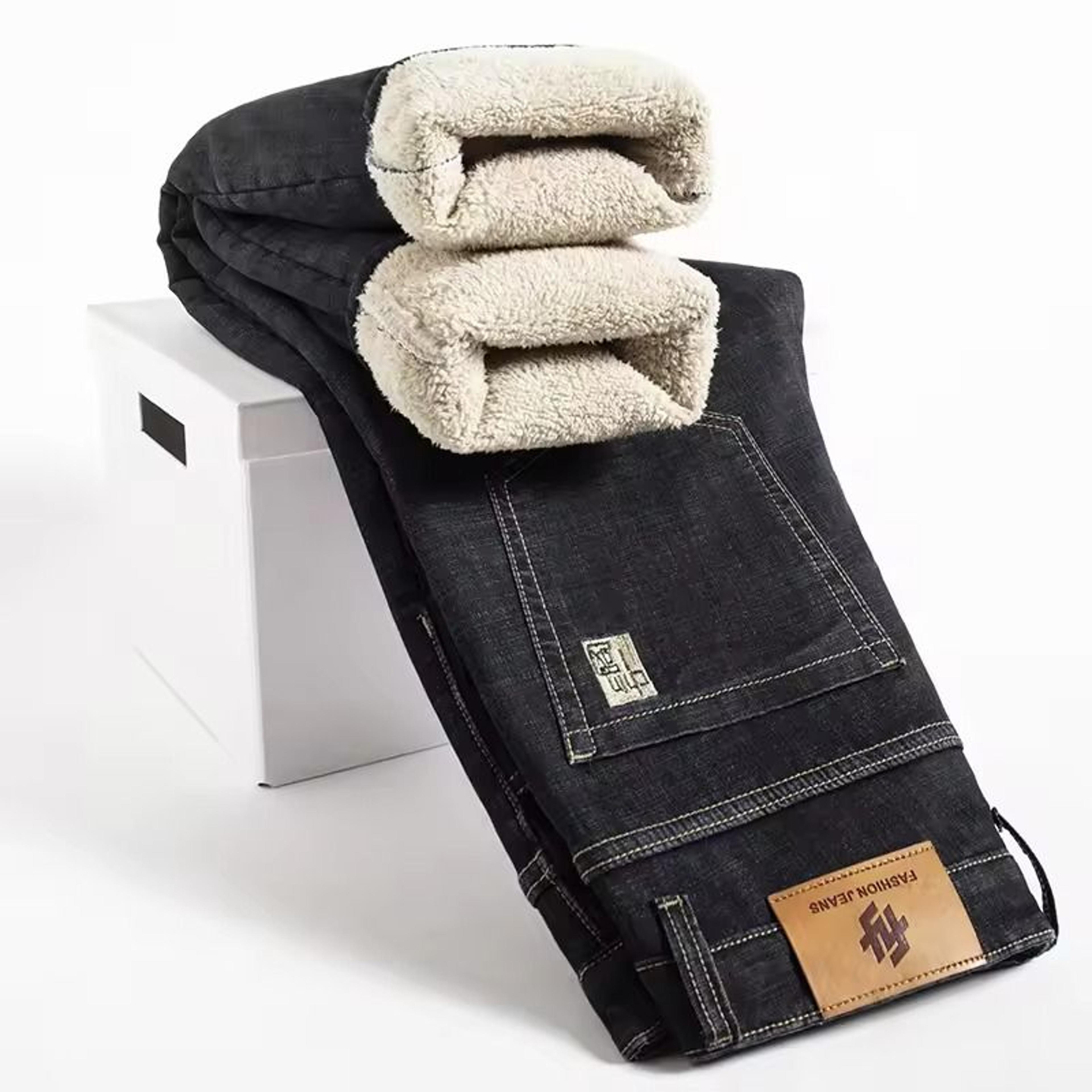 Winter Lamb Fluff Denim Straight Pants Men Fleece Lined Warm Jeans 3