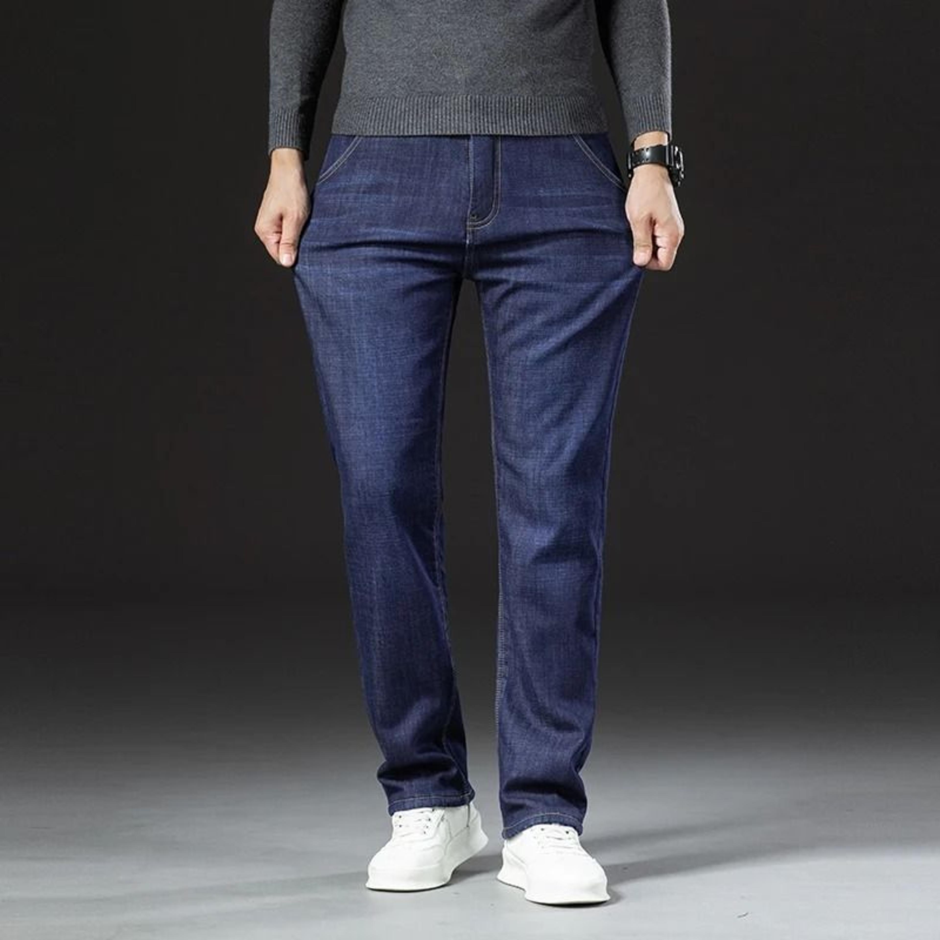 Winter Lamb Fluff Denim Straight Pants Men Fleece Lined Warm Jeans 4