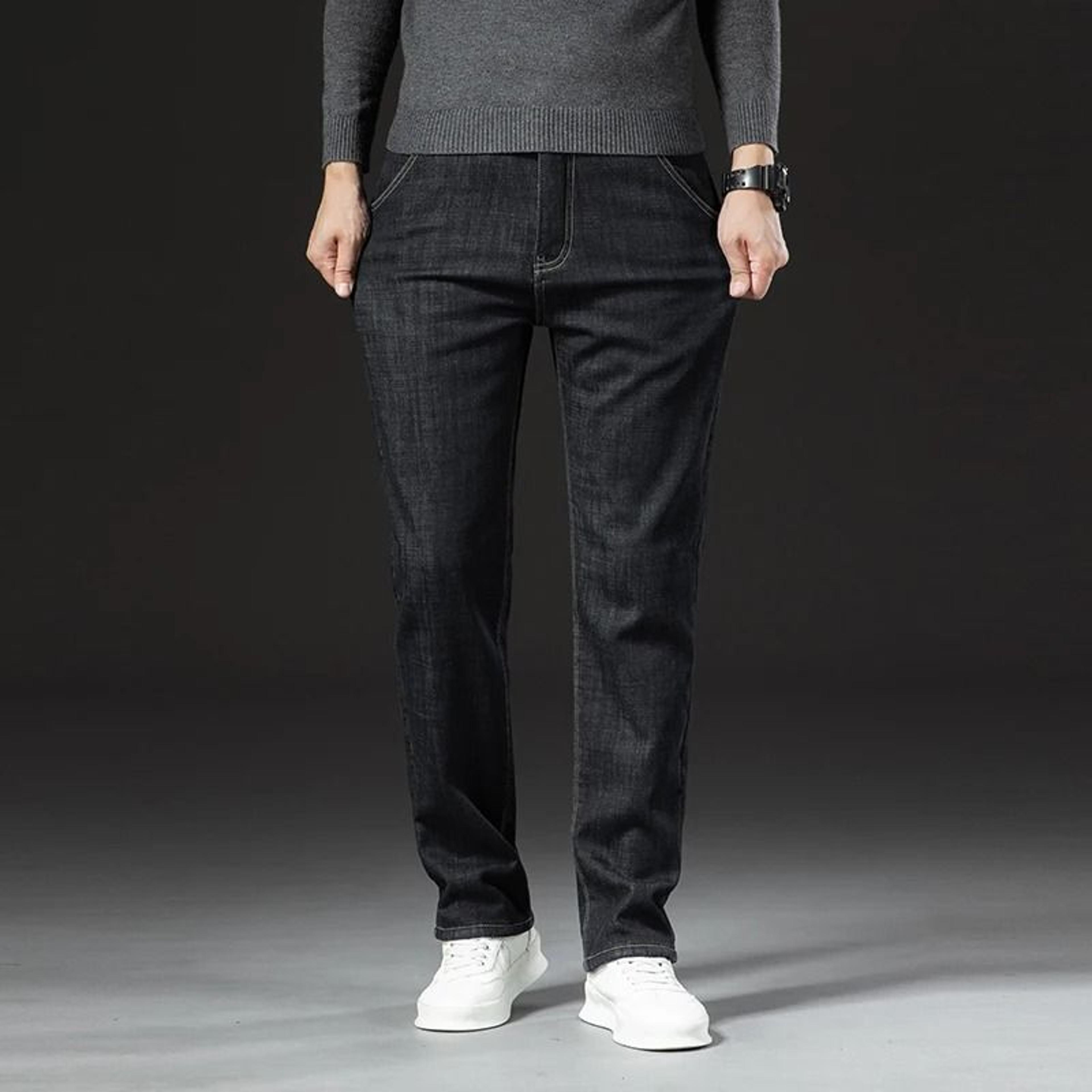 Winter Lamb Fluff Denim Straight Pants Men Fleece Lined Warm Jeans 5