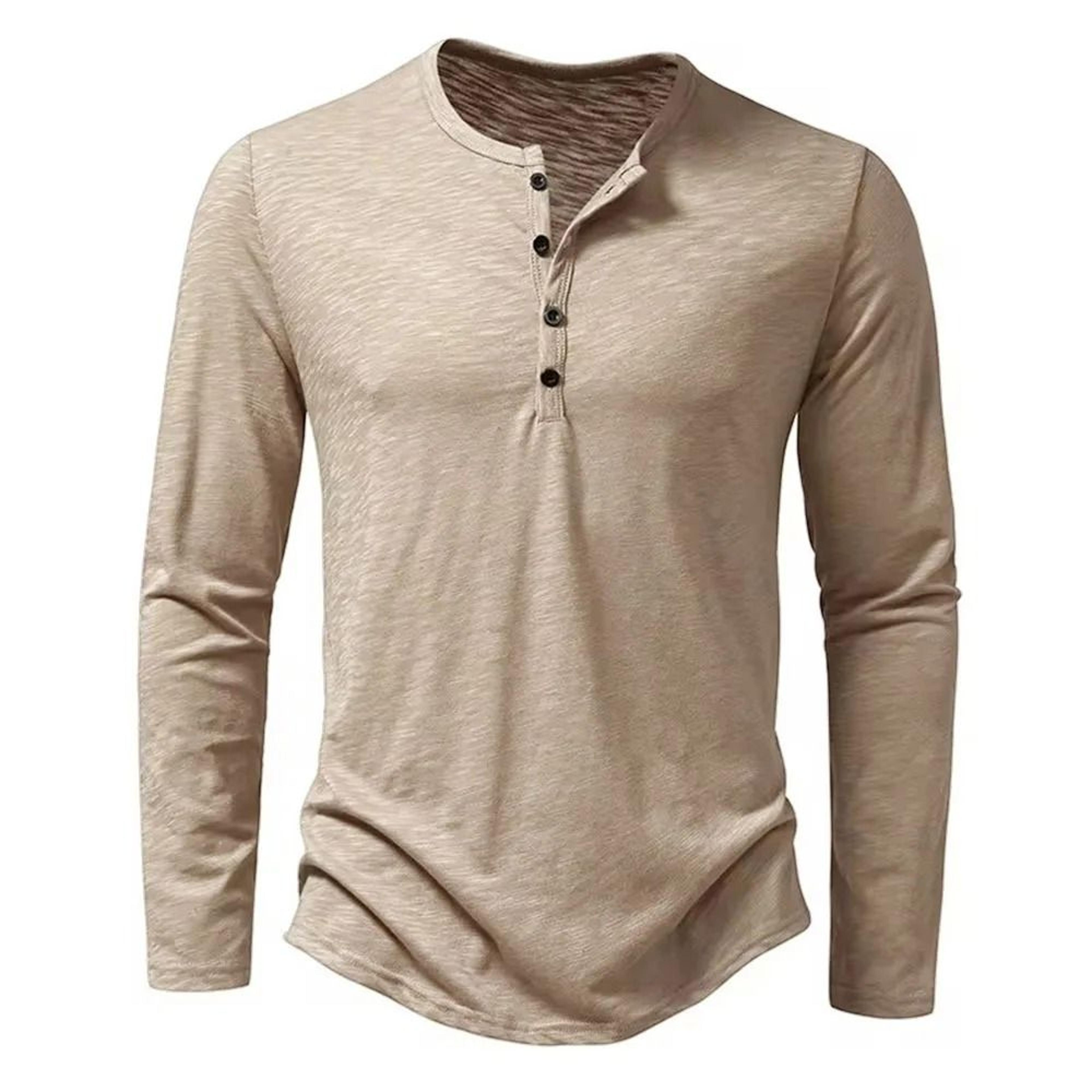 Mens Cotton Long Sleeve Henley Neck T Shirt Casual Solid Color Slim Fit 1