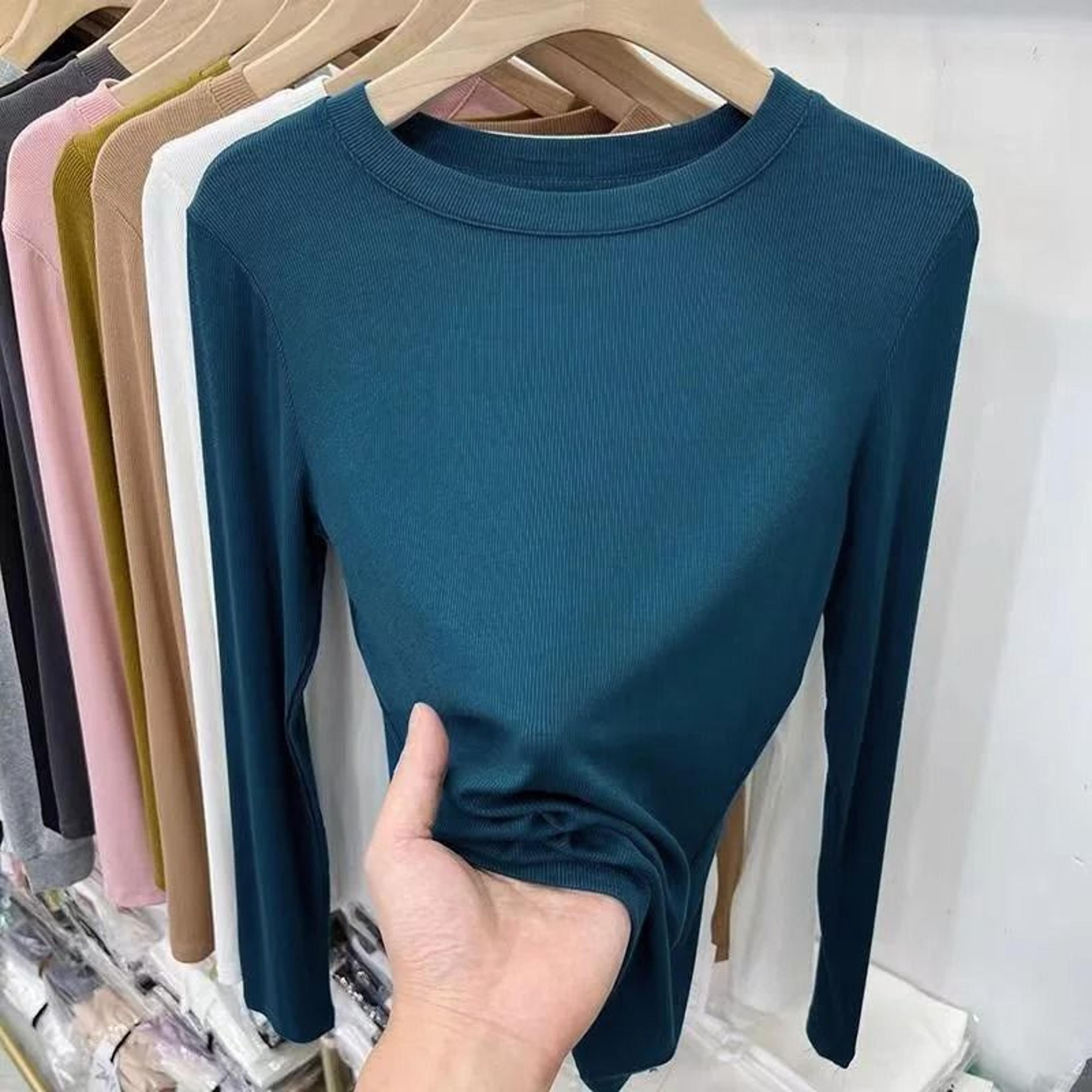 Womens Slim Fit ONeck Long Sleeve Basic TShirt  Stretchy Ribbed Knit Casual Top 6