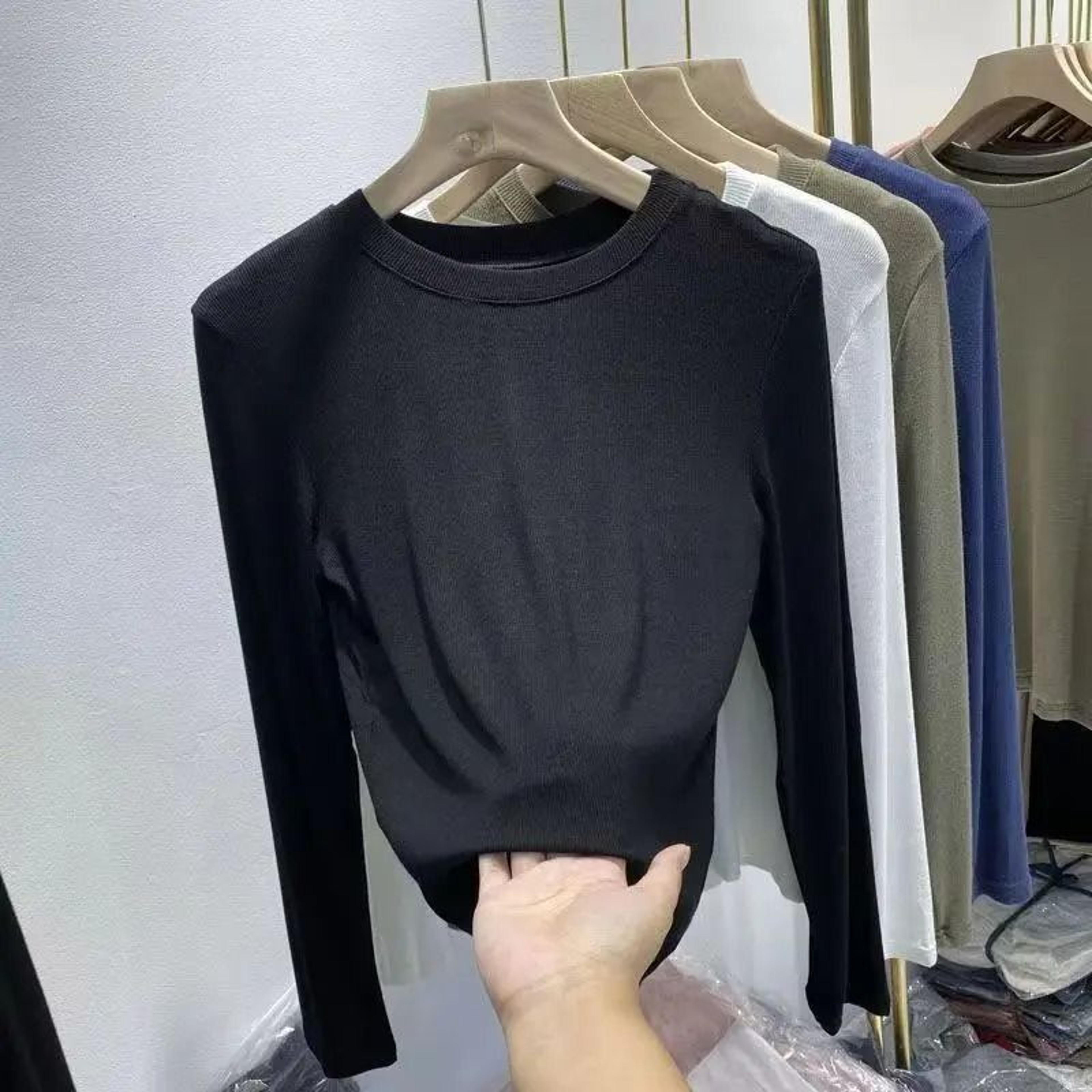 Womens Slim Fit ONeck Long Sleeve Basic TShirt  Stretchy Ribbed Knit Casual Top 7