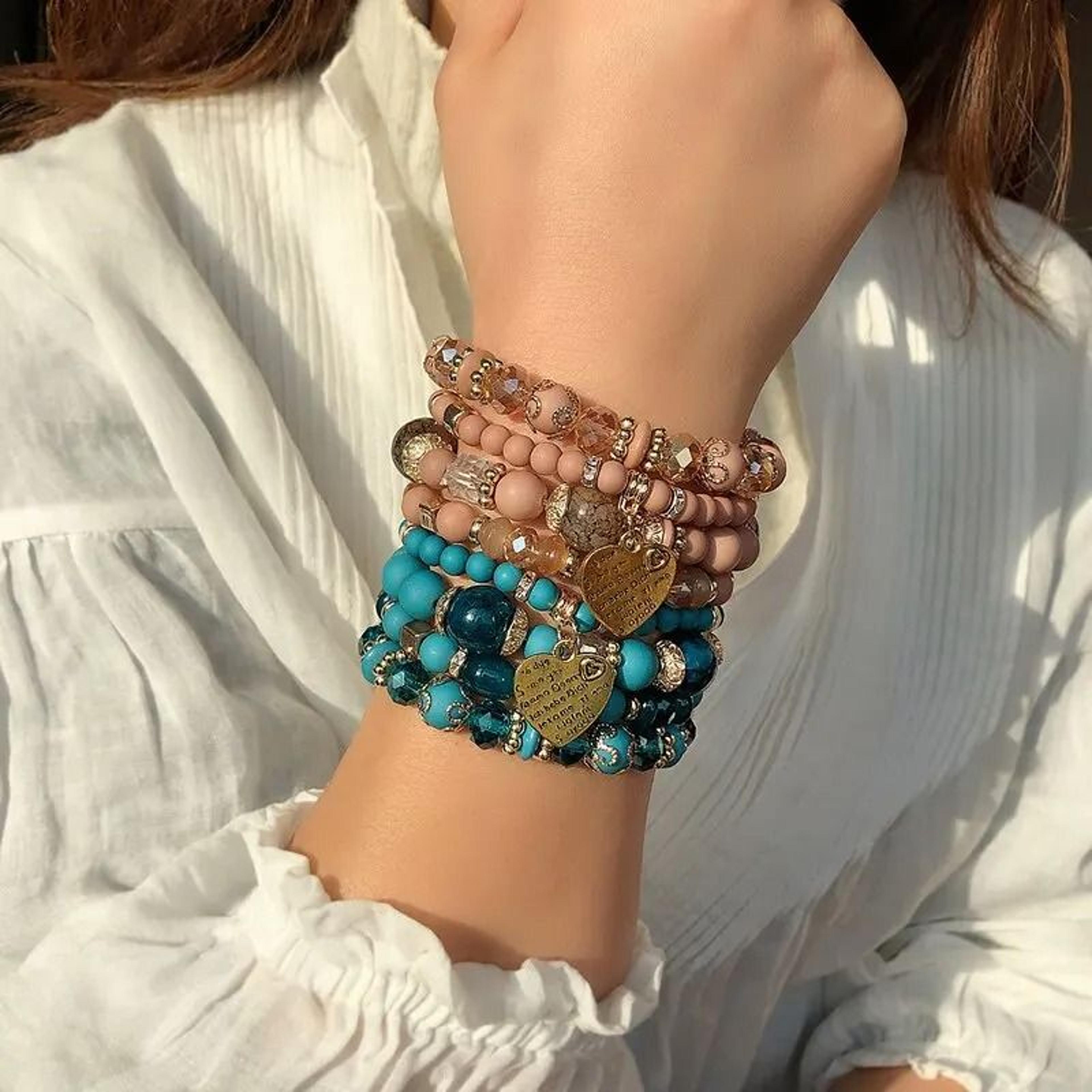 Women Boho Crystal Beads Strand Bracelet Set 4Piece Elastic Stackable Bangles 1