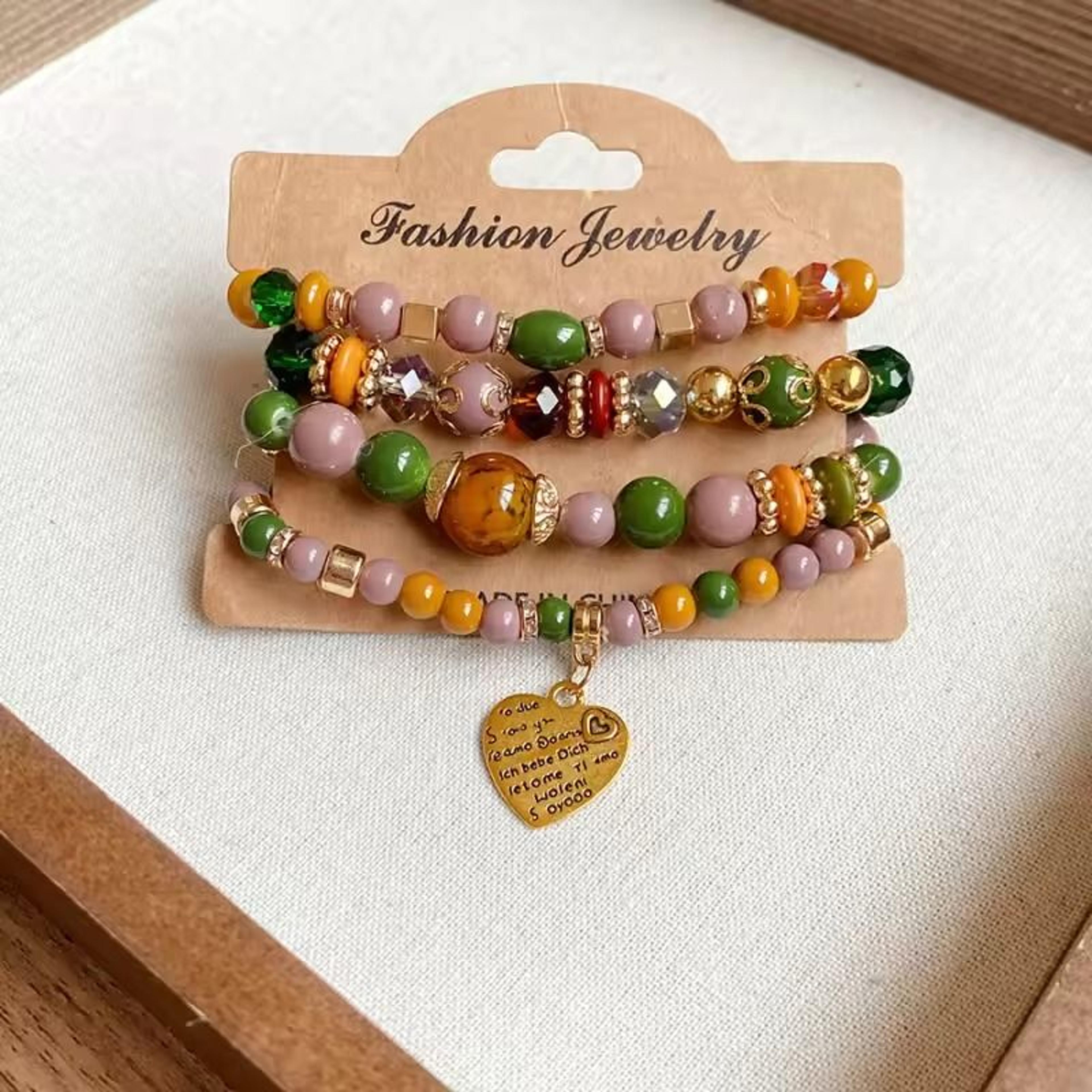 Women Boho Crystal Beads Strand Bracelet Set 4Piece Elastic Stackable Bangles 14