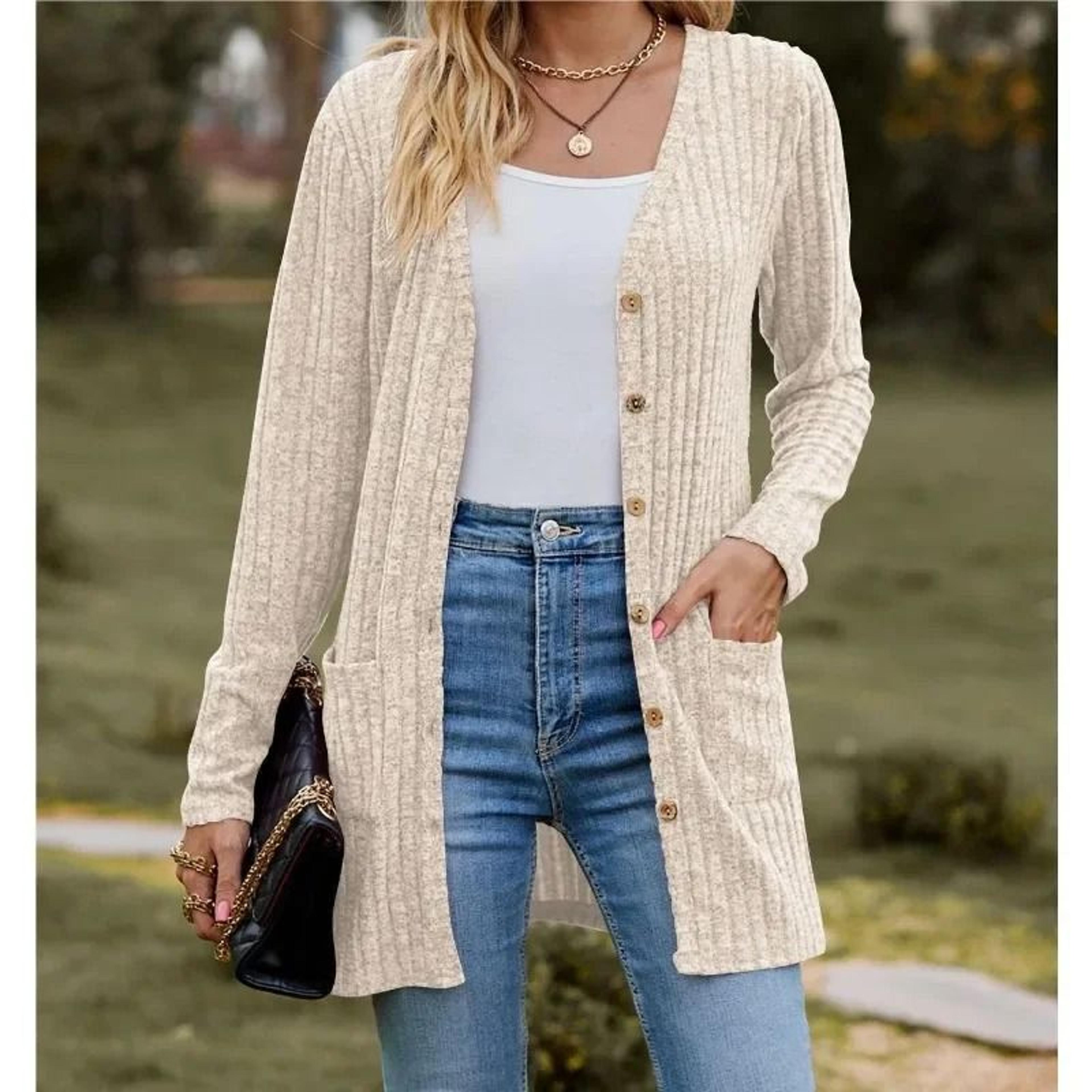 Women Long Sleeve Button V Neck Casual Cardigan Jacket 1