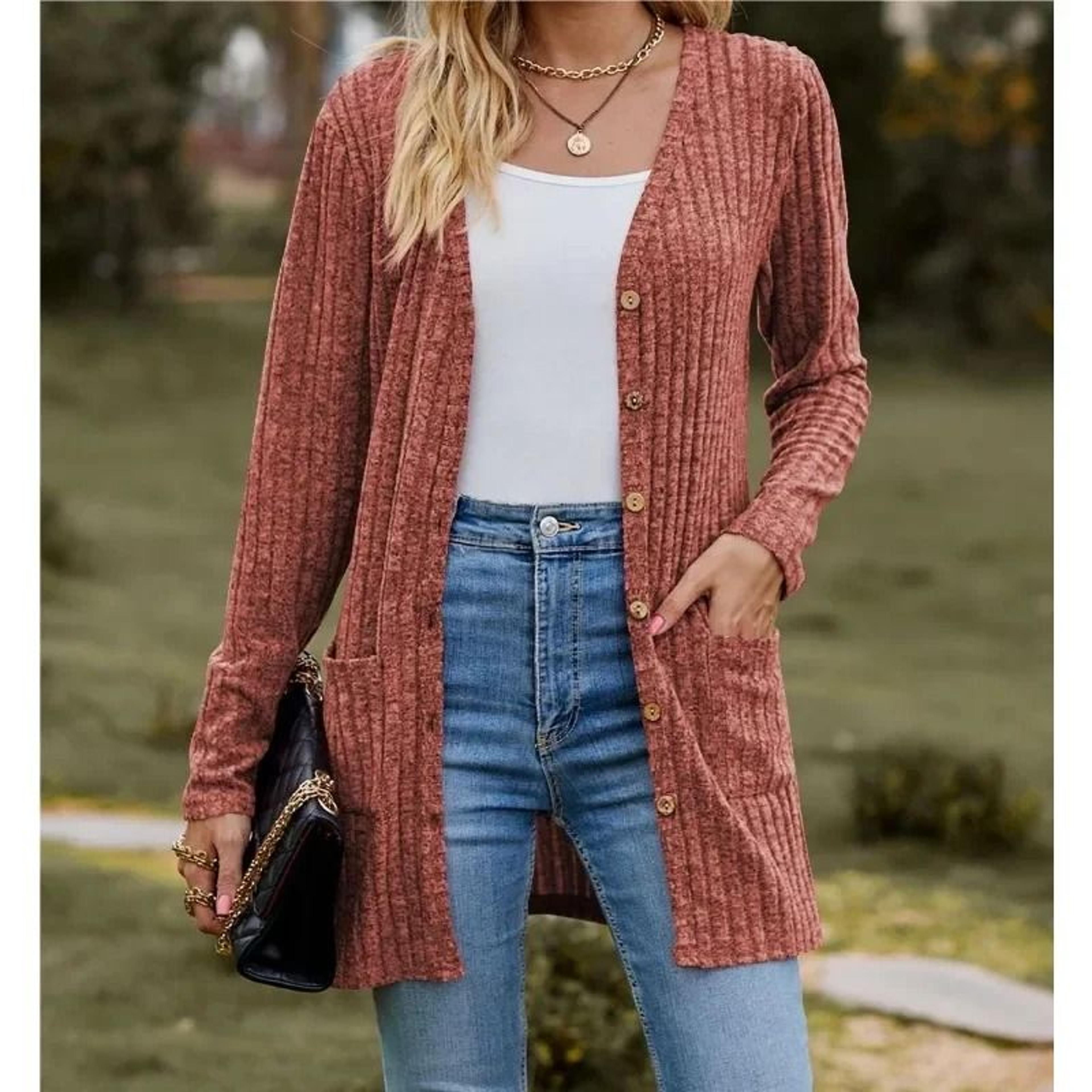 Women Long Sleeve Button V Neck Casual Cardigan Jacket 4