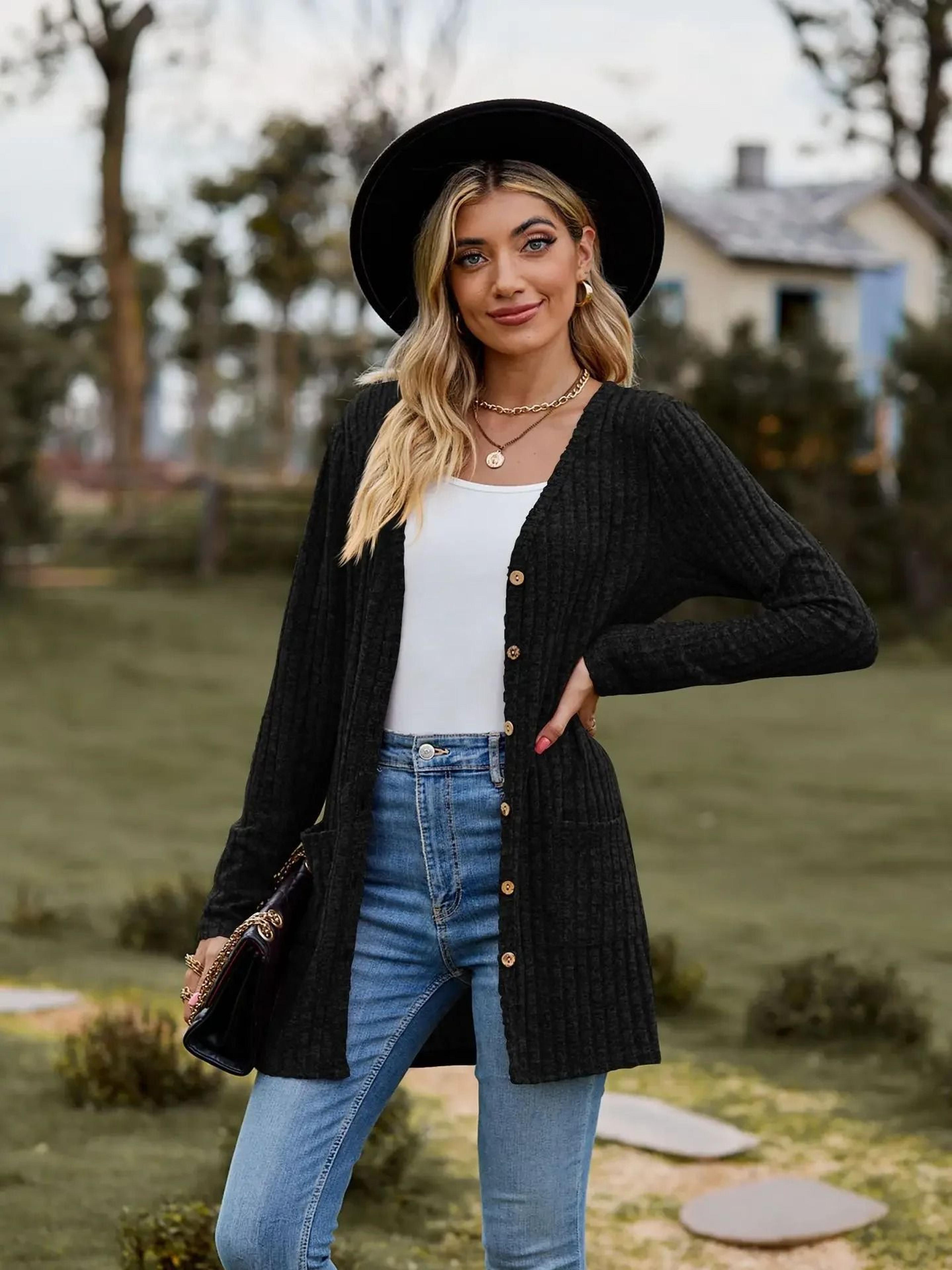 Women Long Sleeve Button V Neck Casual Cardigan Jacket 7