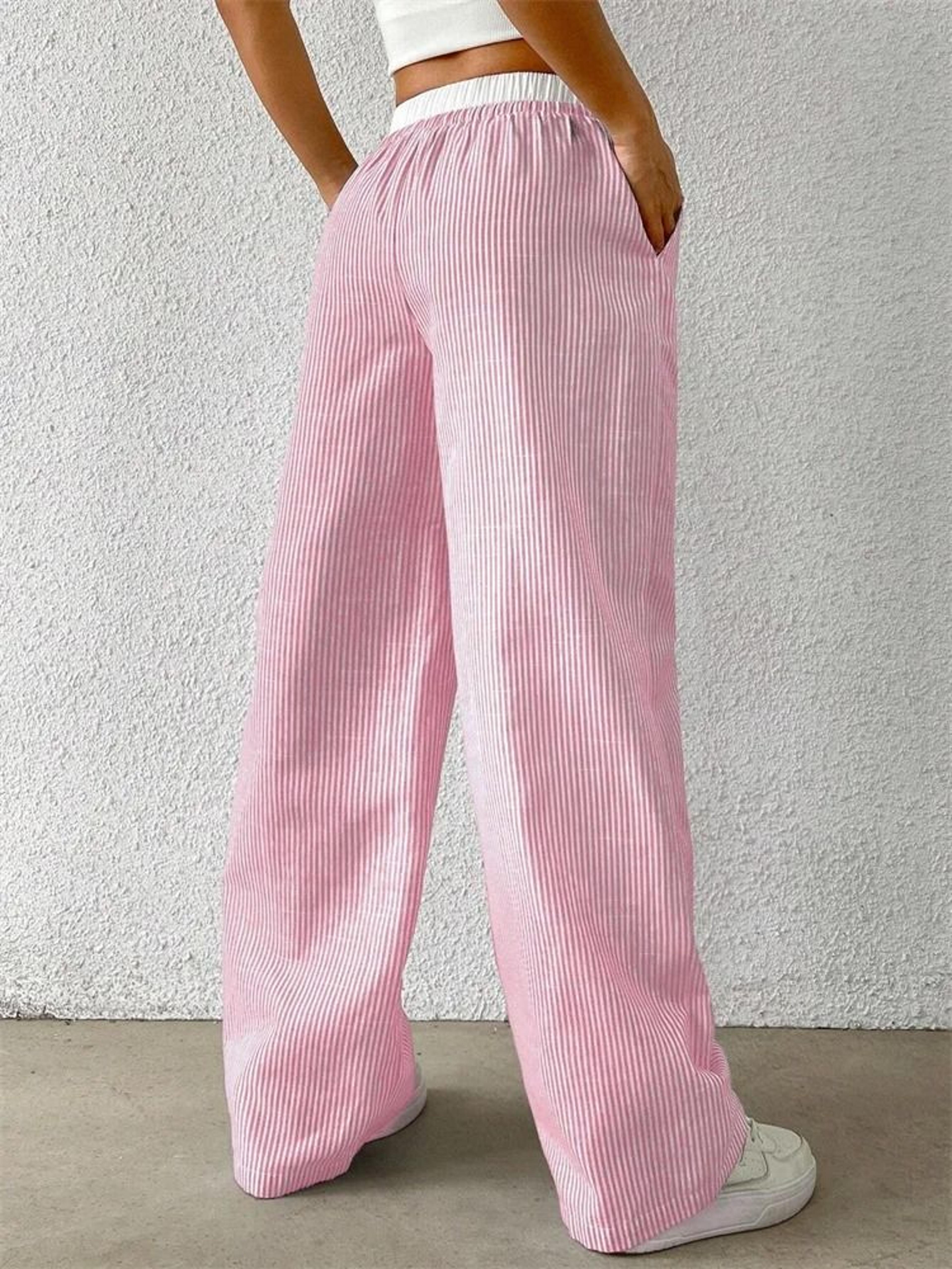 Womens Casual Striped Woven Wide Leg Pants Fall Winter 2024 Stylish Full Length Trousers 4