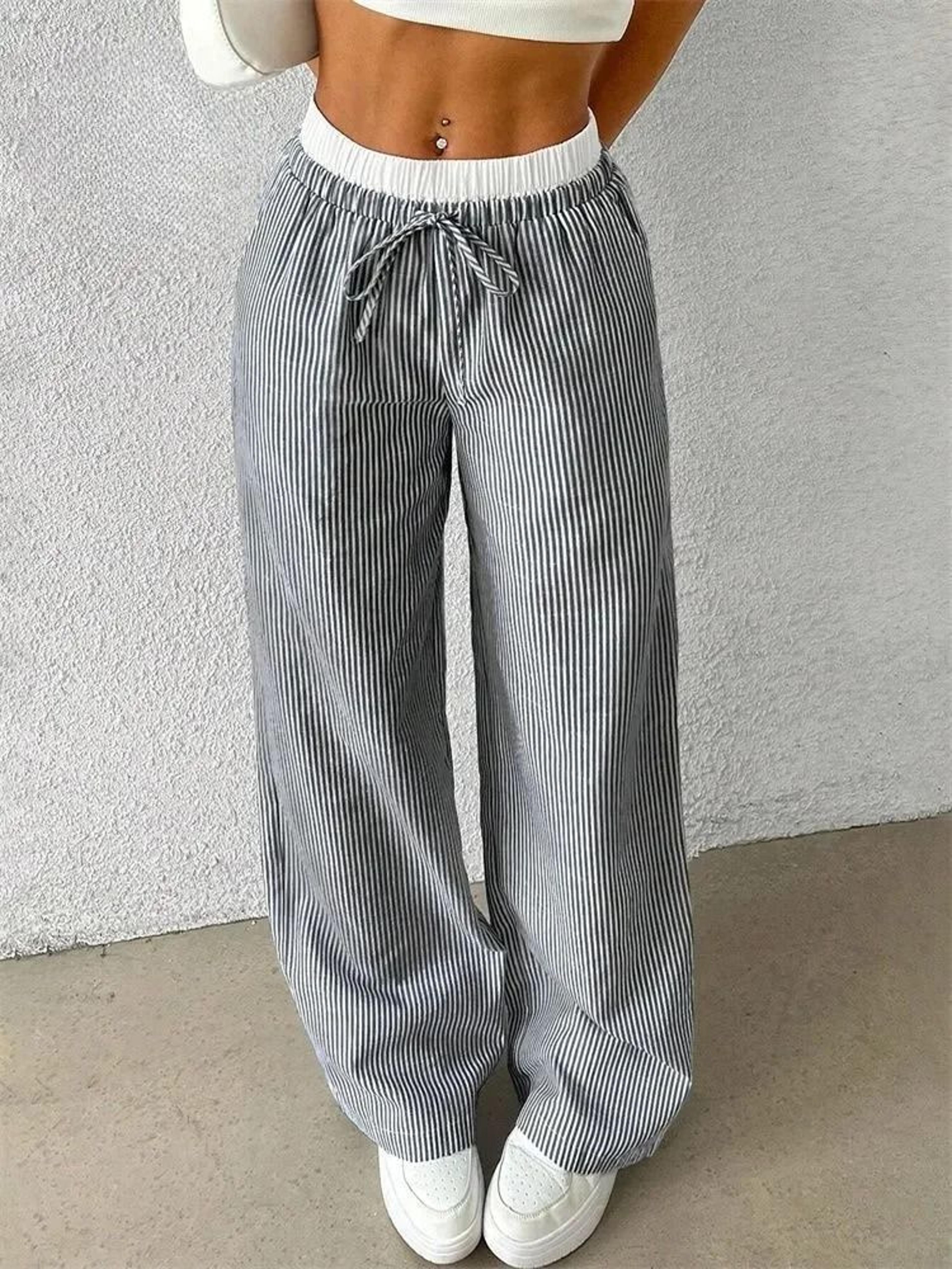 Womens Casual Striped Woven Wide Leg Pants Fall Winter 2024 Stylish Full Length Trousers 7