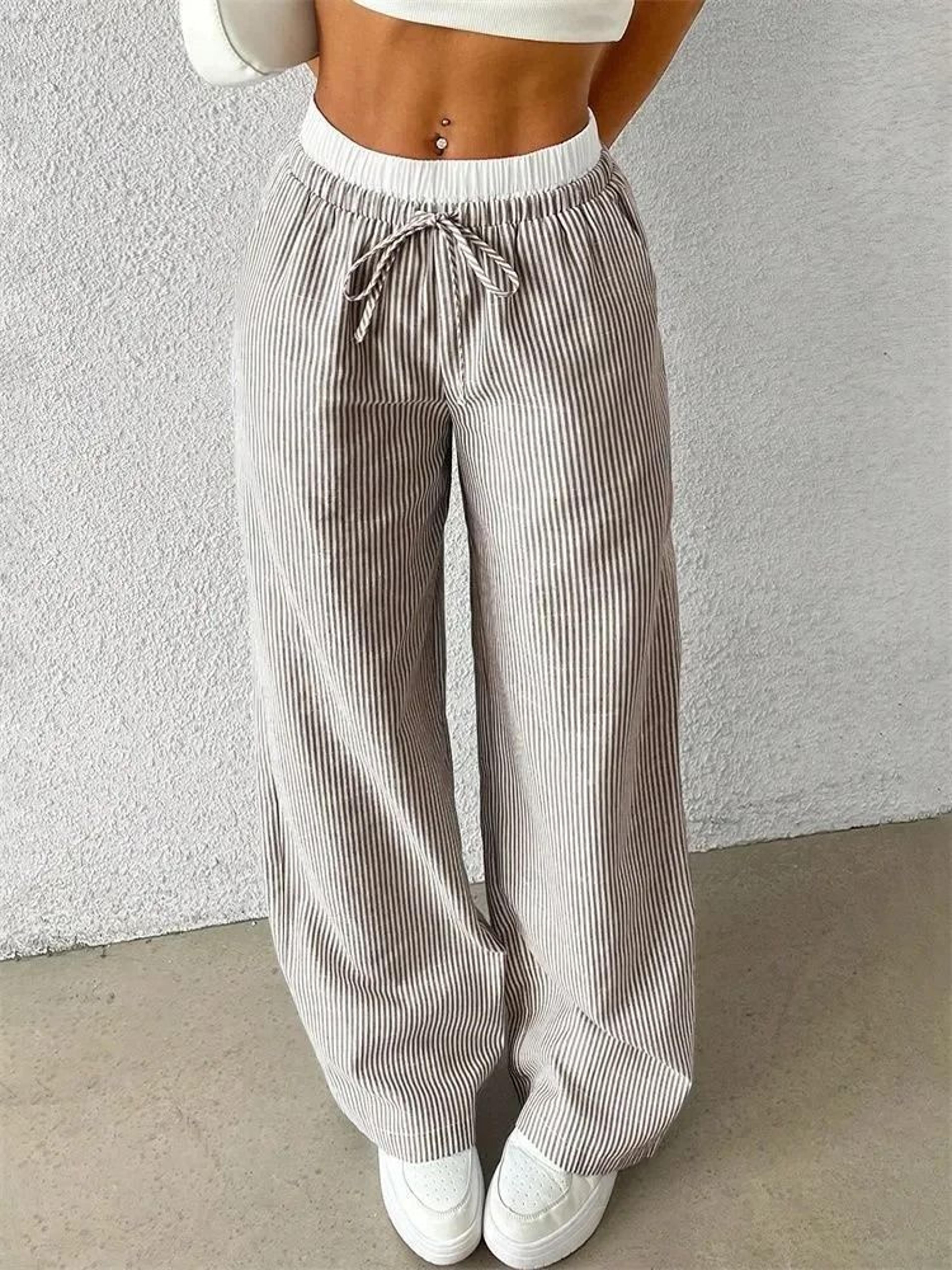 Womens Casual Striped Woven Wide Leg Pants Fall Winter 2024 Stylish Full Length Trousers 9