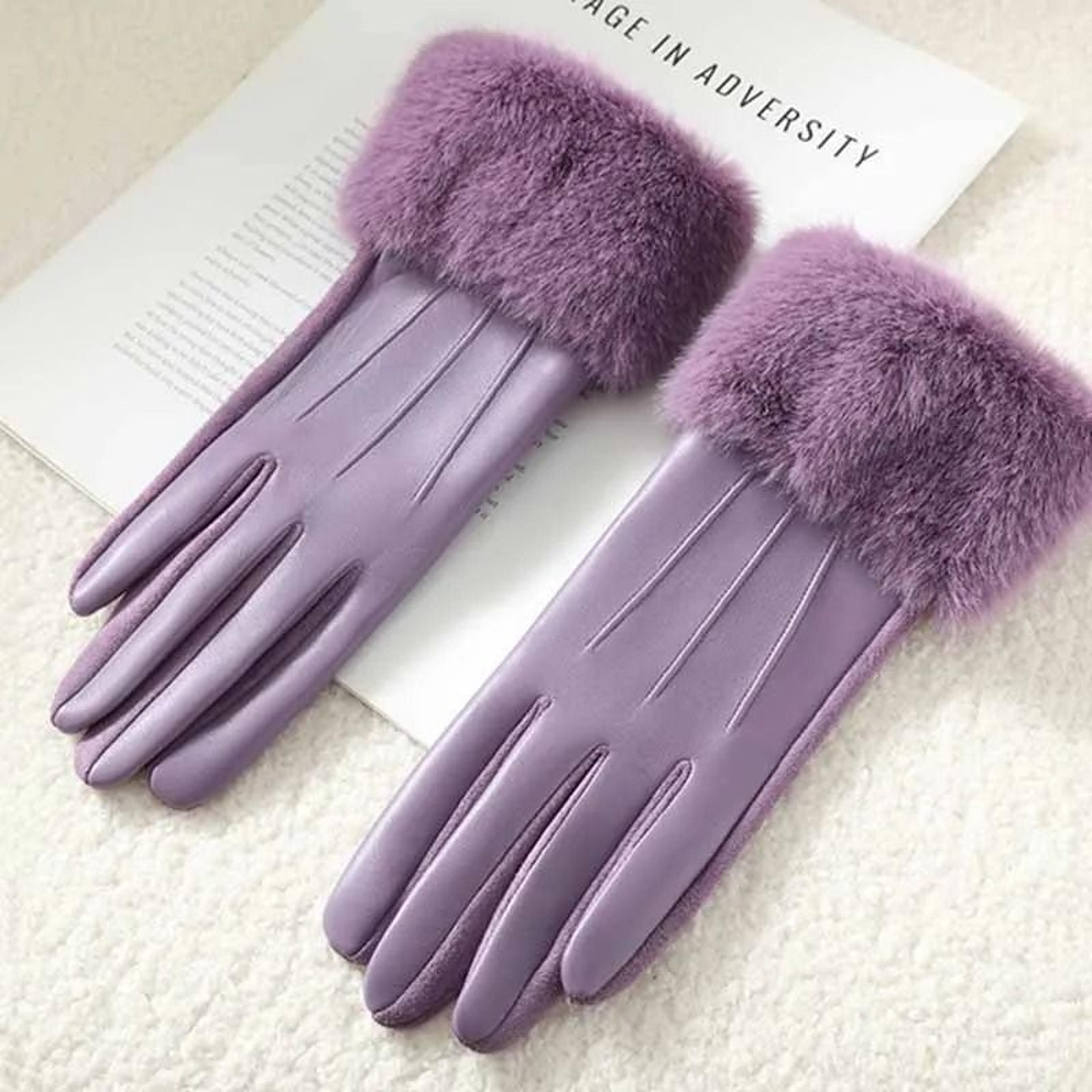 Winter Women PU Leather Gloves Faux Fur Cuff Touch Screen 3